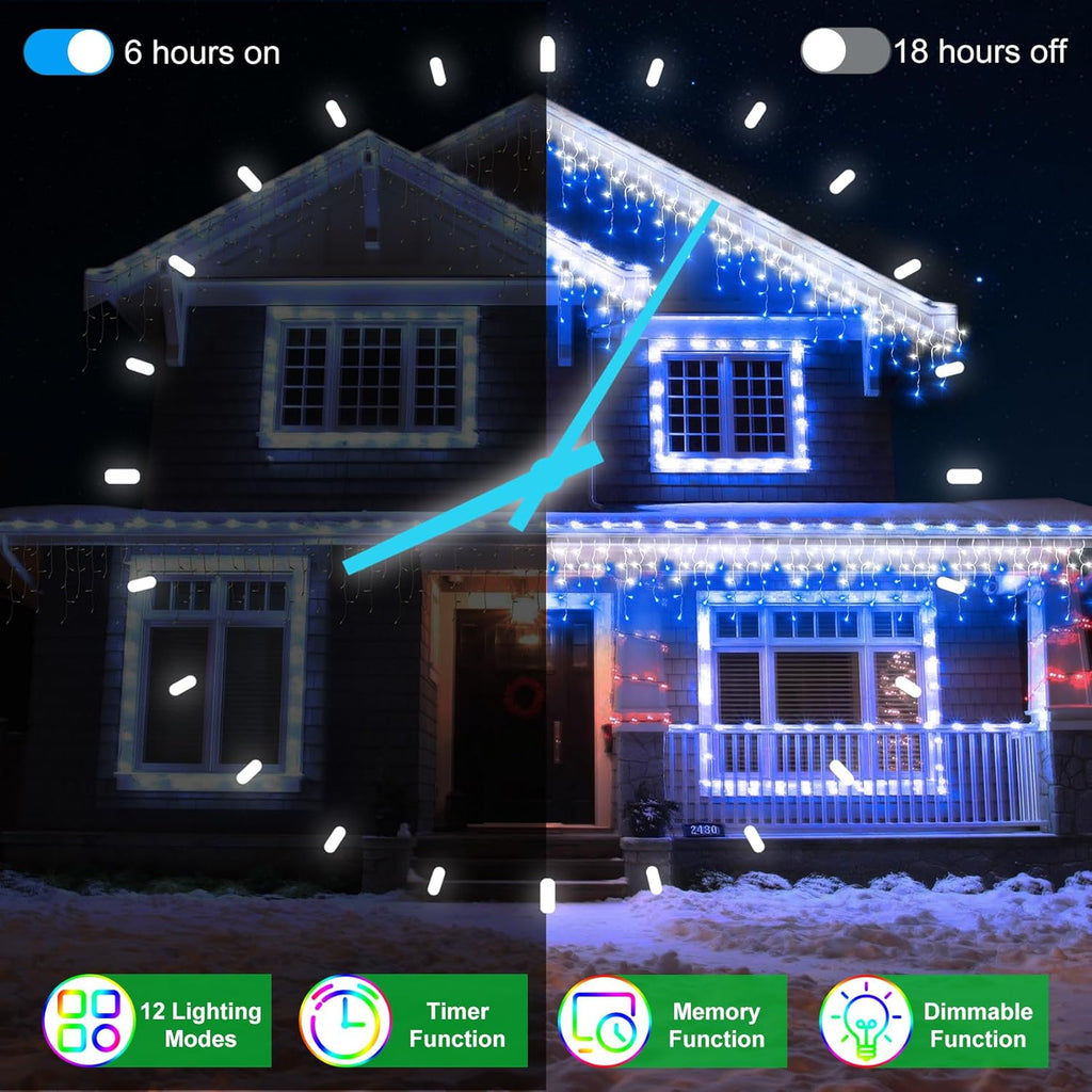 164FT 1620 LED Outdoor Christmas Lights - 360 Ice Drops, 12 Pro Modes with Timer Memory & Brightness, Waterproof Hanging Ice String Light for Holiday Wedding Garden Fence House Decor (White & Blue)