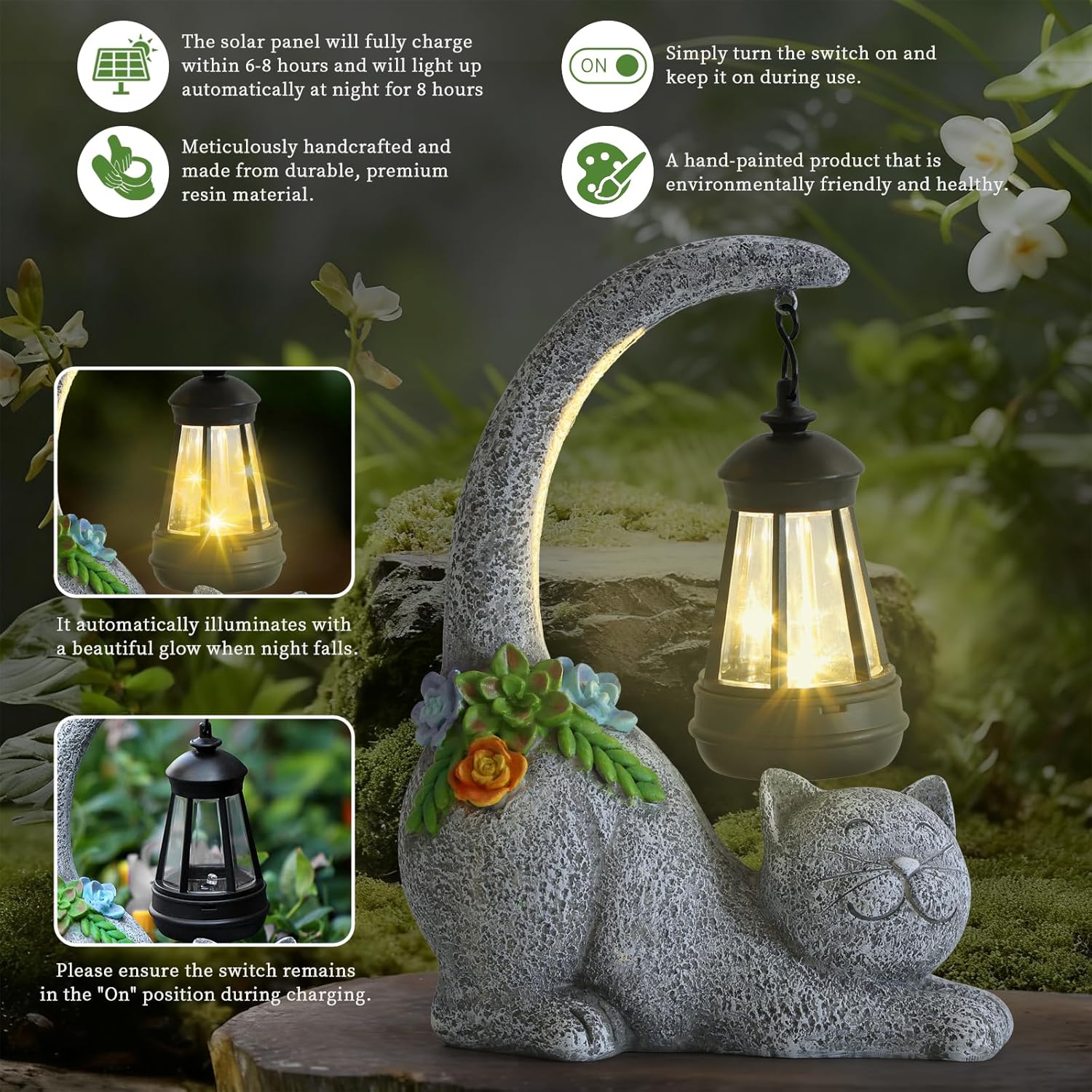 Garden Cute Cat Gnome Statue Decorations - Solar Resin Cat wtih Solar Garden Lights Outdoor Decorations Waterproof for Patio,Yard,Lawn,