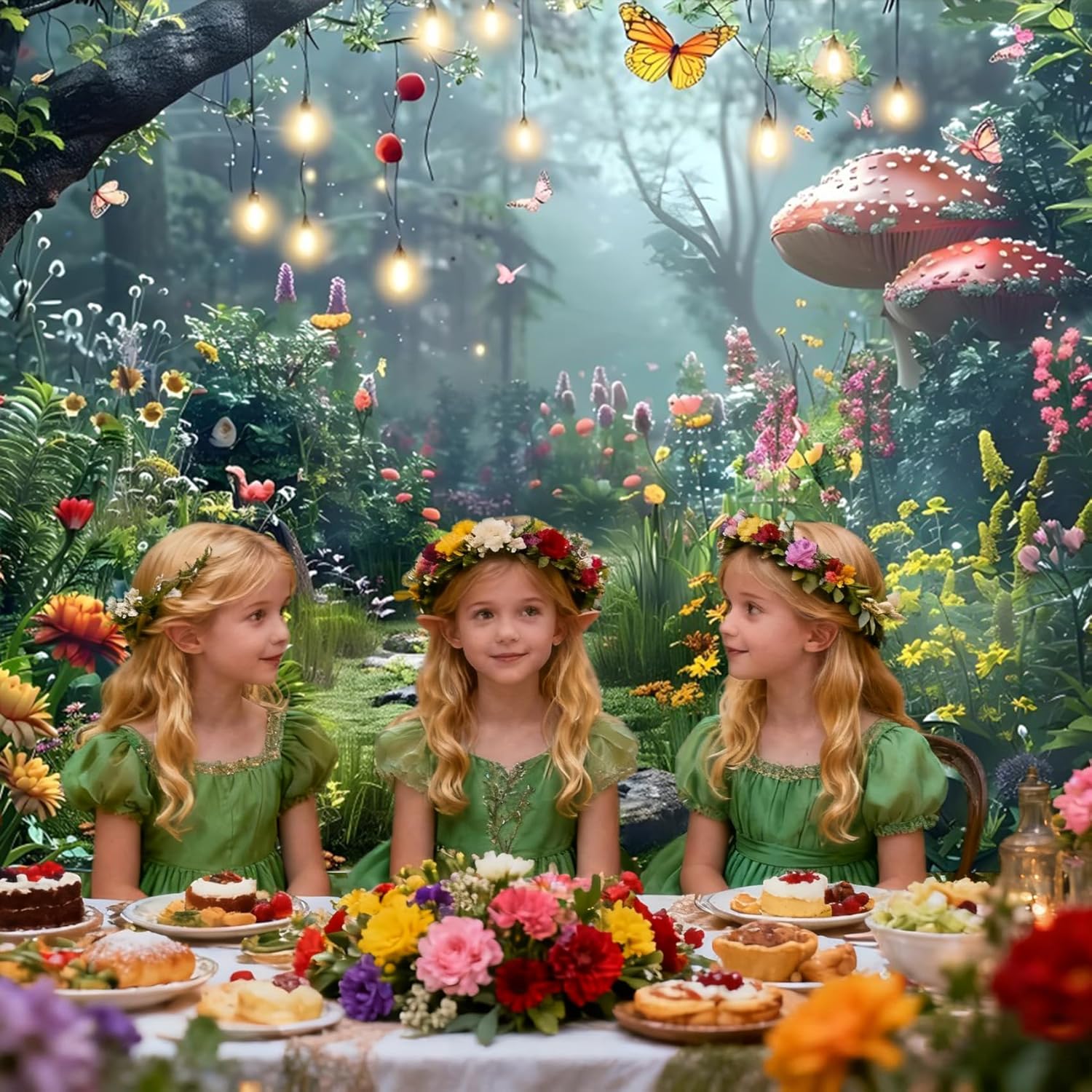AOFOTO Rainforest Backdrop Colorful Forest Phtography Backdrop Flower Mushroom Butterfly Plants Quiet Path Fairytale Background Photoshoot Background Photo Booth Prop 7x5ft