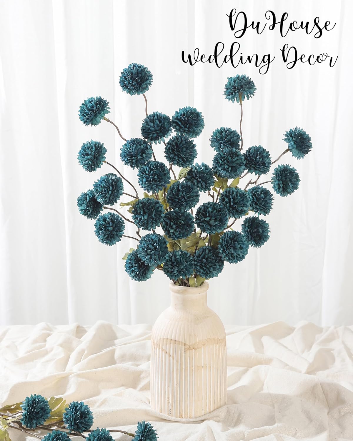 DuHouse 6pcs Artificial Flowers Faux Silk Pompon Mum,Silk Small Mini Chrysanthemum Ball with Stems for DIY Bouquets Centerpieces Vase Home Table Kitchen Decorations(Peacock Blue)