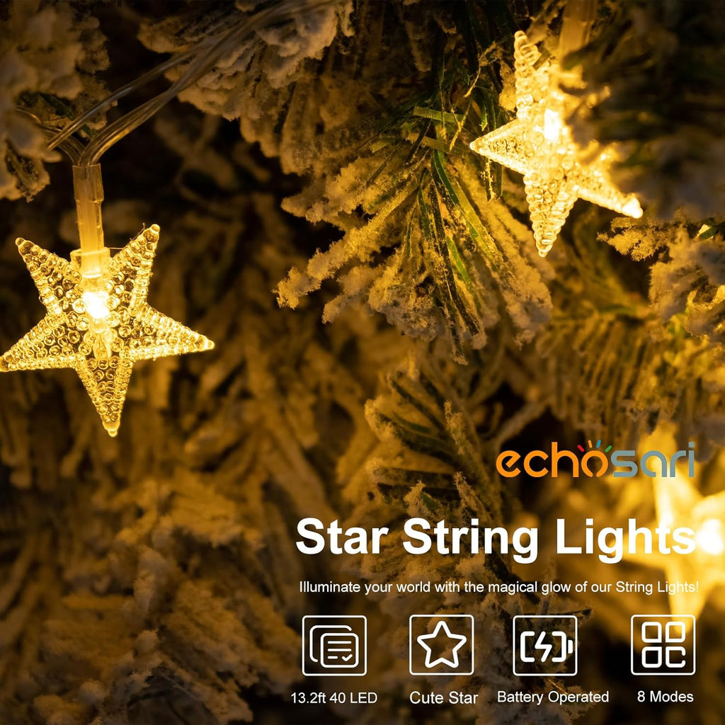 echosari Star String Lights Battery Operated, Auto Timer LED Star Fairy String Lights 158IN with 8 Modes for Kid Room Bedroom Party Garden Wedding Décor (Warm White)