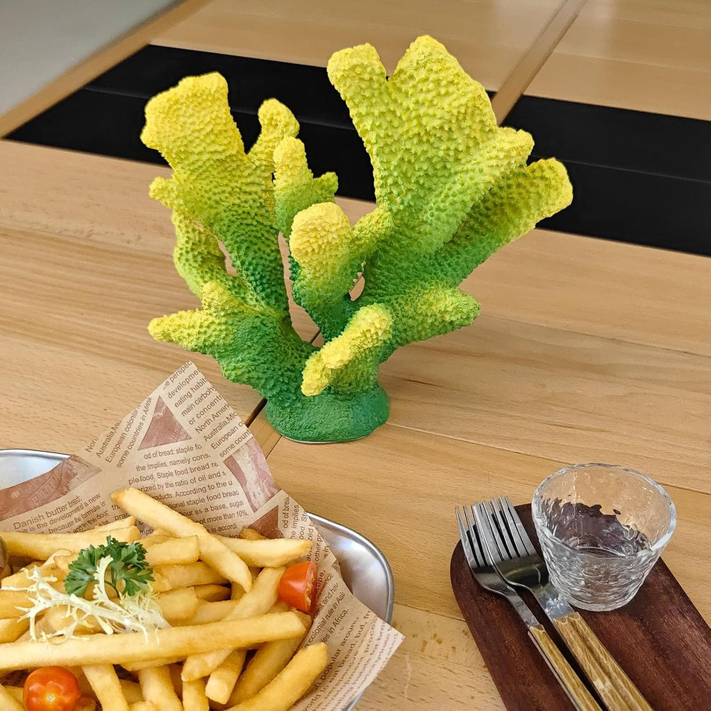 Green Yellow Coral Decor Faux Artificial Coral Reef Resin Nautical Decoration Tabletop Home Living Room Decor (7.8in Tall)