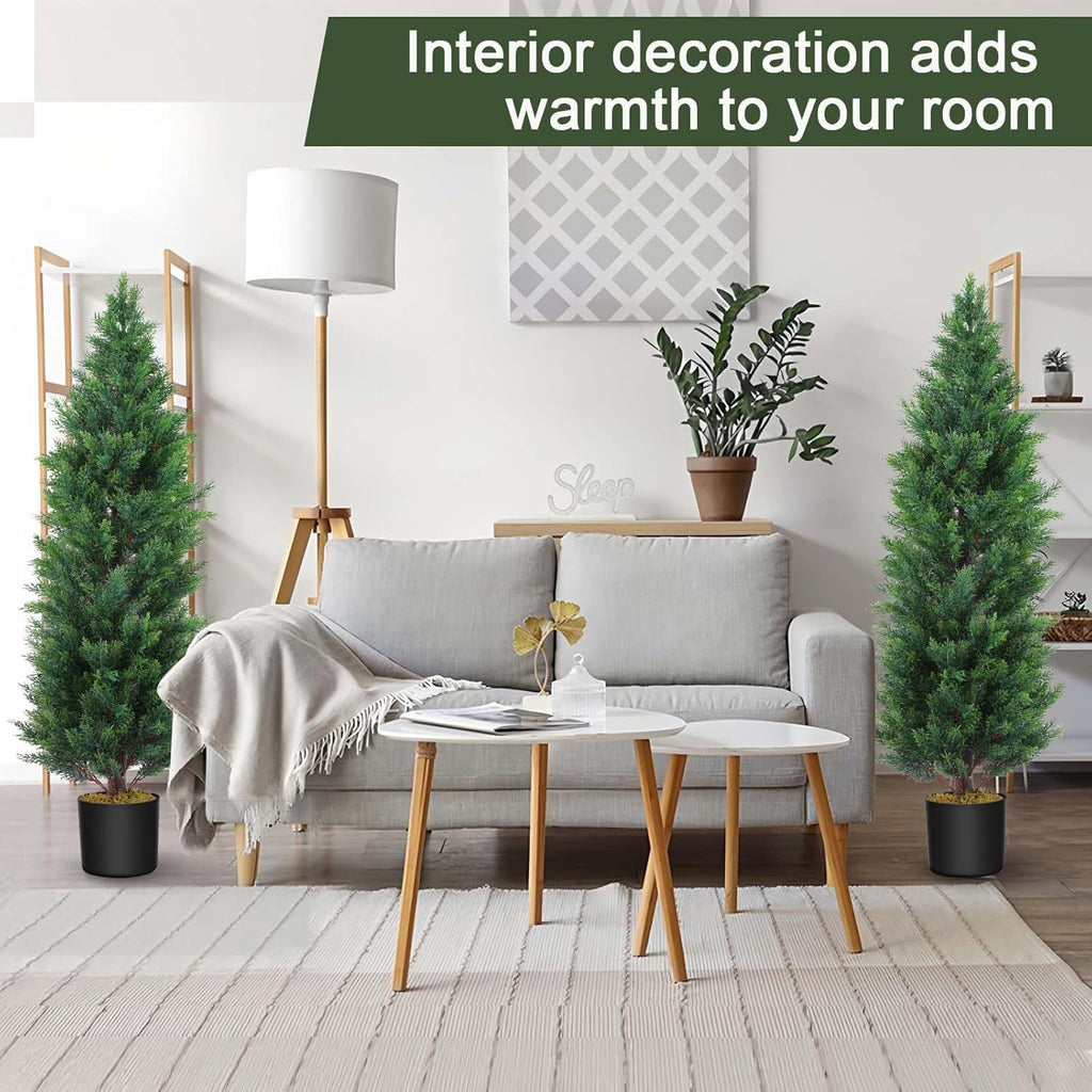 Hananona 2 Pcs 4 Ft Artificial Topiary Cedar Trees, Outdoor Faux Pine Shrubs, Realistic Fake Greenery Plants UV Resistant Cypress Trees for Christmas Porch Front Door Decor (2, Green, 4 Ft)