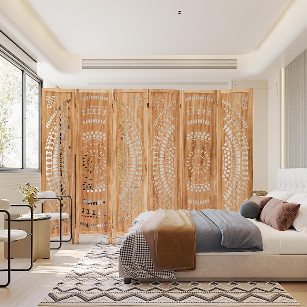 Room Dividers and Folding Privacy Screens, Boho 6 Panel Room Divider, 67" Room Divider Wall, Modern Room Partition, Privacy Dividers for Rooms, Bedroom, Light Brown