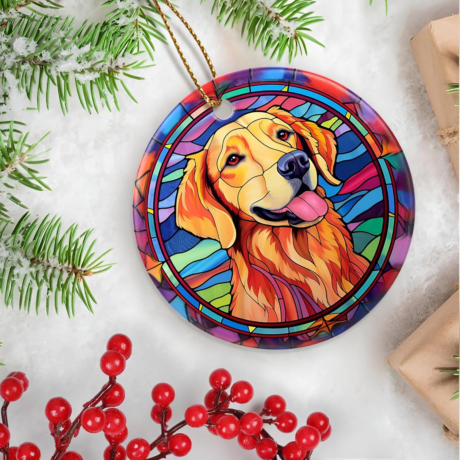 Touber Christmas Ornament, Christmas Decoration, Holiday Present Idea, Heirloom Keepsake, Round Ceramic, Gift Exchange, Gift Idea, Golden Retriever