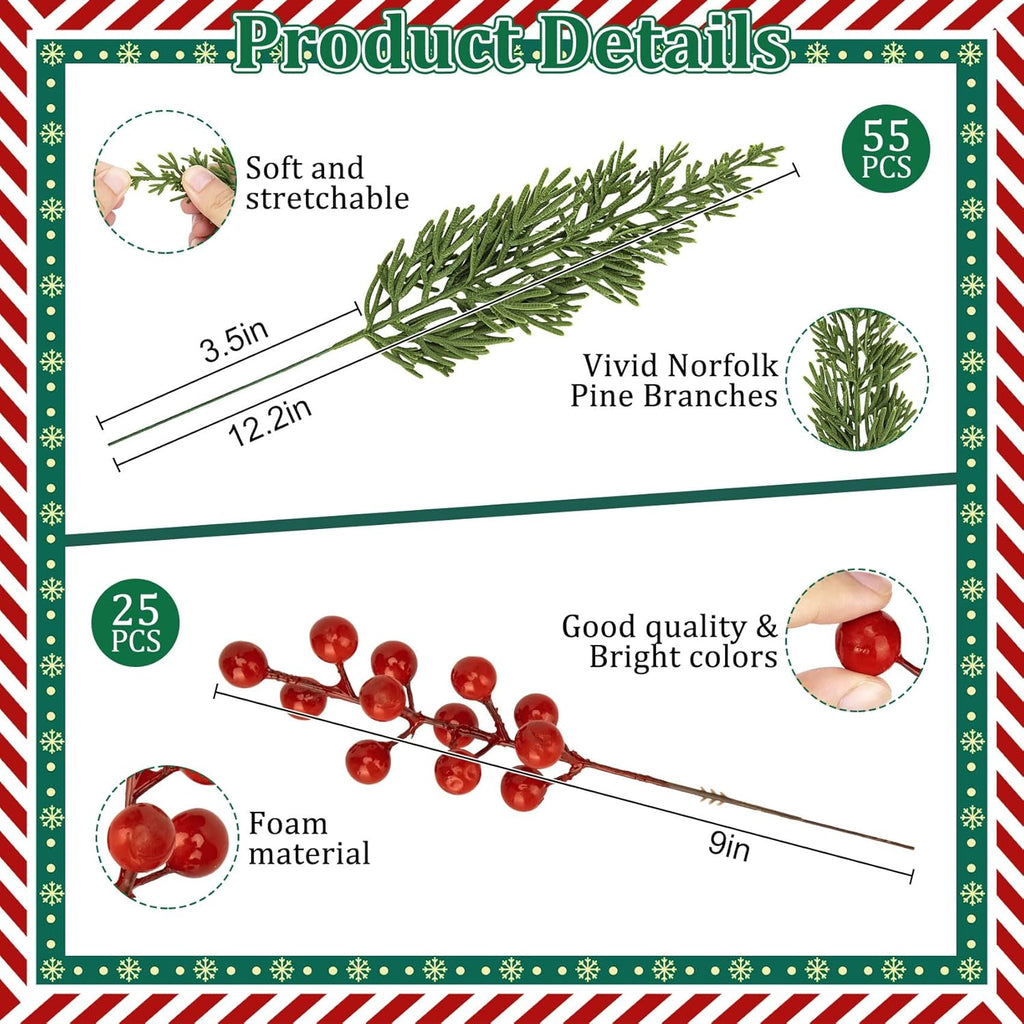 Ouddy Decor 80 Pcs Christmas Artificial Pine Branches, 12" Faux Norfolk Pine Cypress Leaves with Red Berry Stems for Christmas Tree Wreath Garland DIY Craft Table Vase Decor