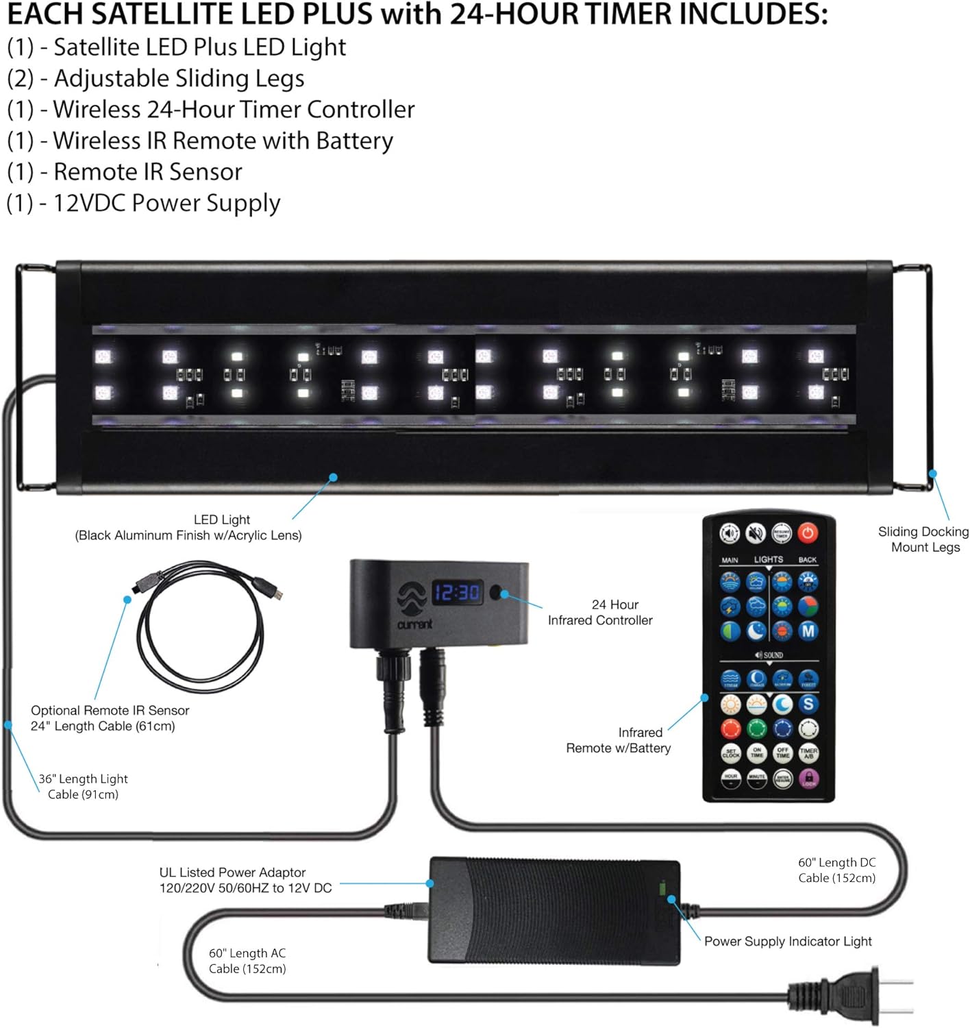 Current USA 24-36" Inch Satellite Freshwater LED Plus Full Spectrum RGB+W Light for Aquariums | Wireless 24 Hour Remote Control Fish Tank Lighting (4506)