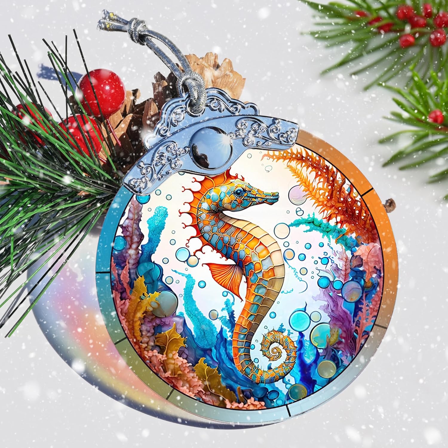 Stained Glass Christmas Ornament, Jocidea Seahorse Christmas Decorations, Christmas Tree Ornament, Seahorse Lovers Gifts, Holiday Decor and Xmas Gifts Ideas