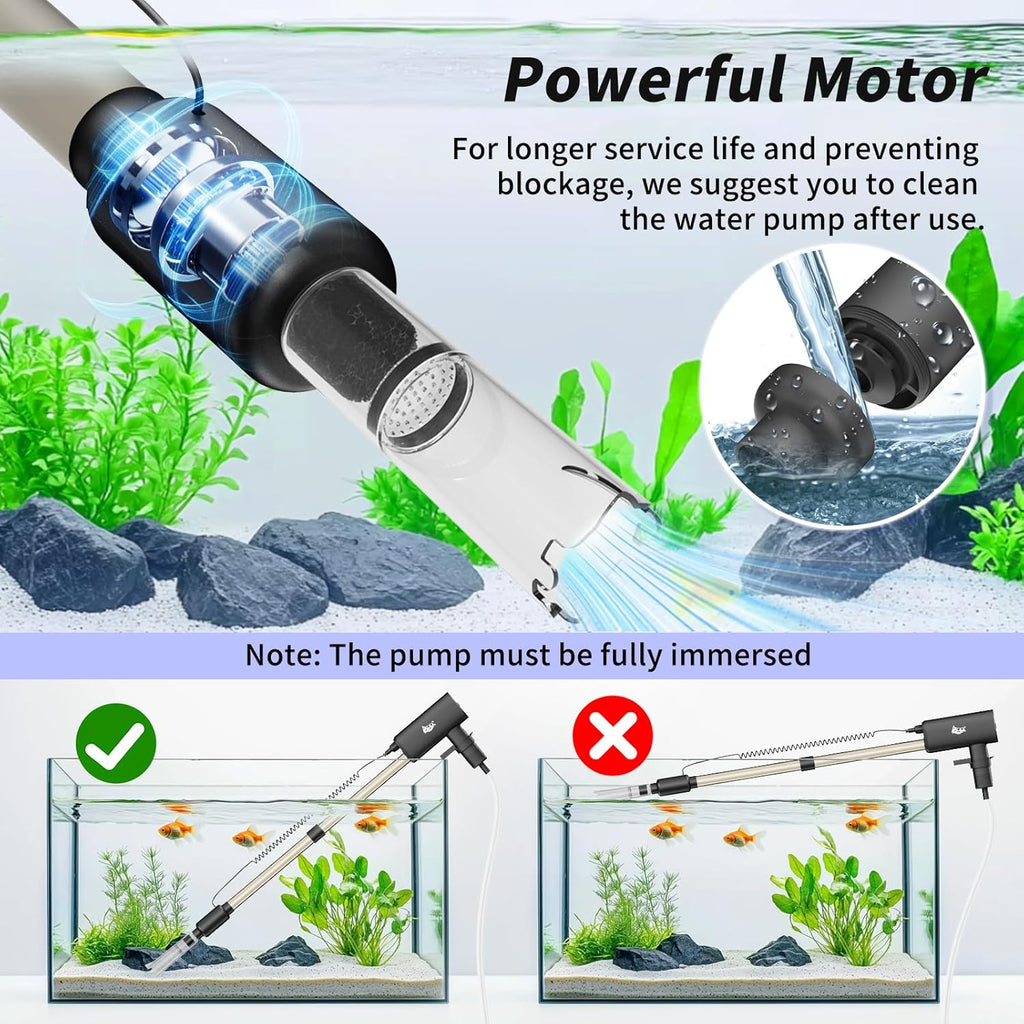 AQQA Aquarium Vacuum Gravel Cleaner 20W Electric Rechargeable Fish Tank Cleaner Tools for Automatic Water Changing, Debris Clean& Sand Washing, Strong Suction with 4-Speed Adjustable (20W, 480GPH)
