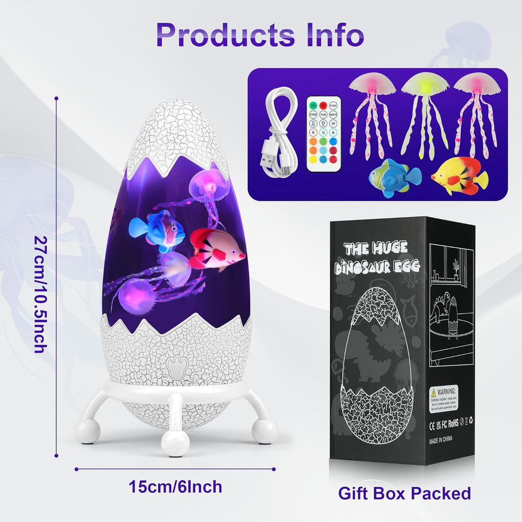 Dinosaur Egg Night Light-Glowing Jellyfish & Fish Table Lamp with Cracked Design,USB Powered Jumbo Dinosaur Egg Jelly Fish Light with Remote Control for Kids Room Decor,Gift for Boys Girls
