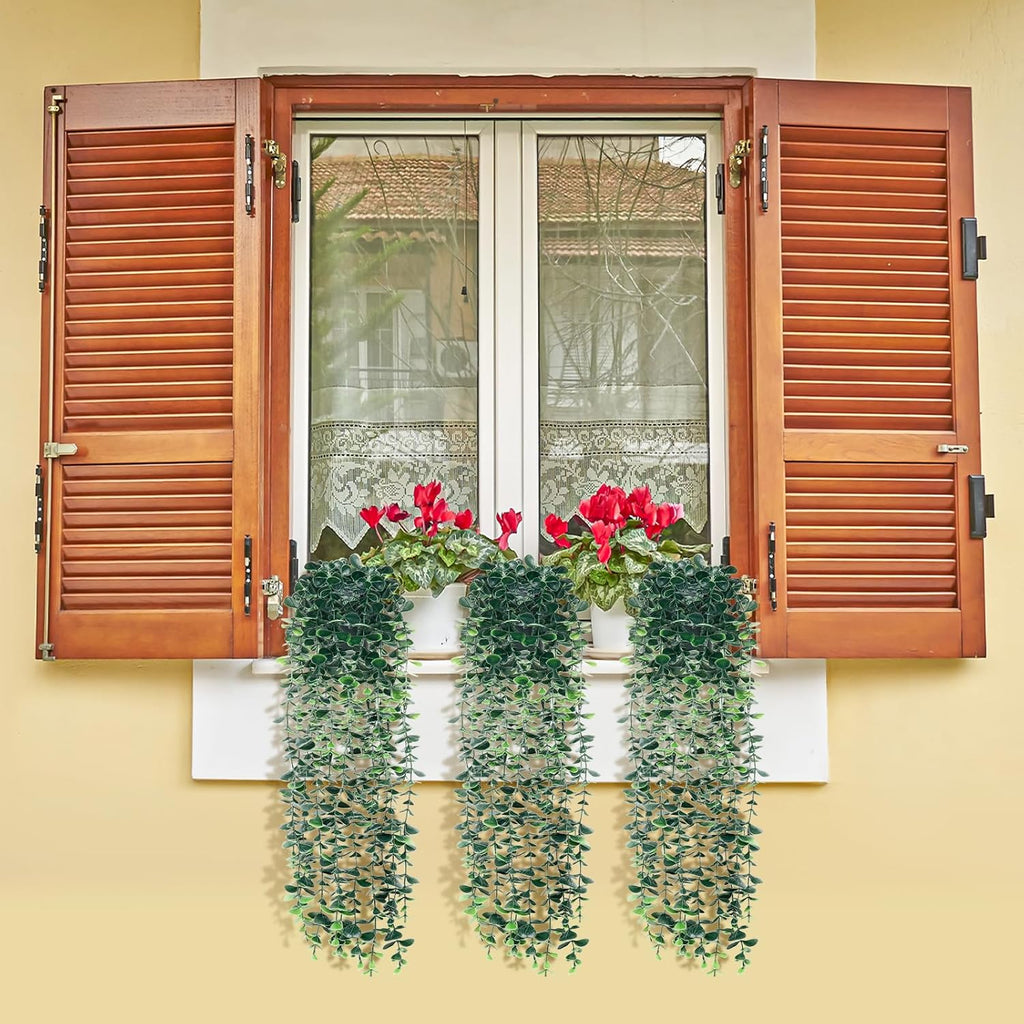 Artificial Hanging Eucalyptus Plants，Fake Plant Eucalyptus Small Decor Faux Hanging Vine Plants Wall Greenery for New Home Decoration，for Floating Shelf Indoor Outdoor Pack of 3