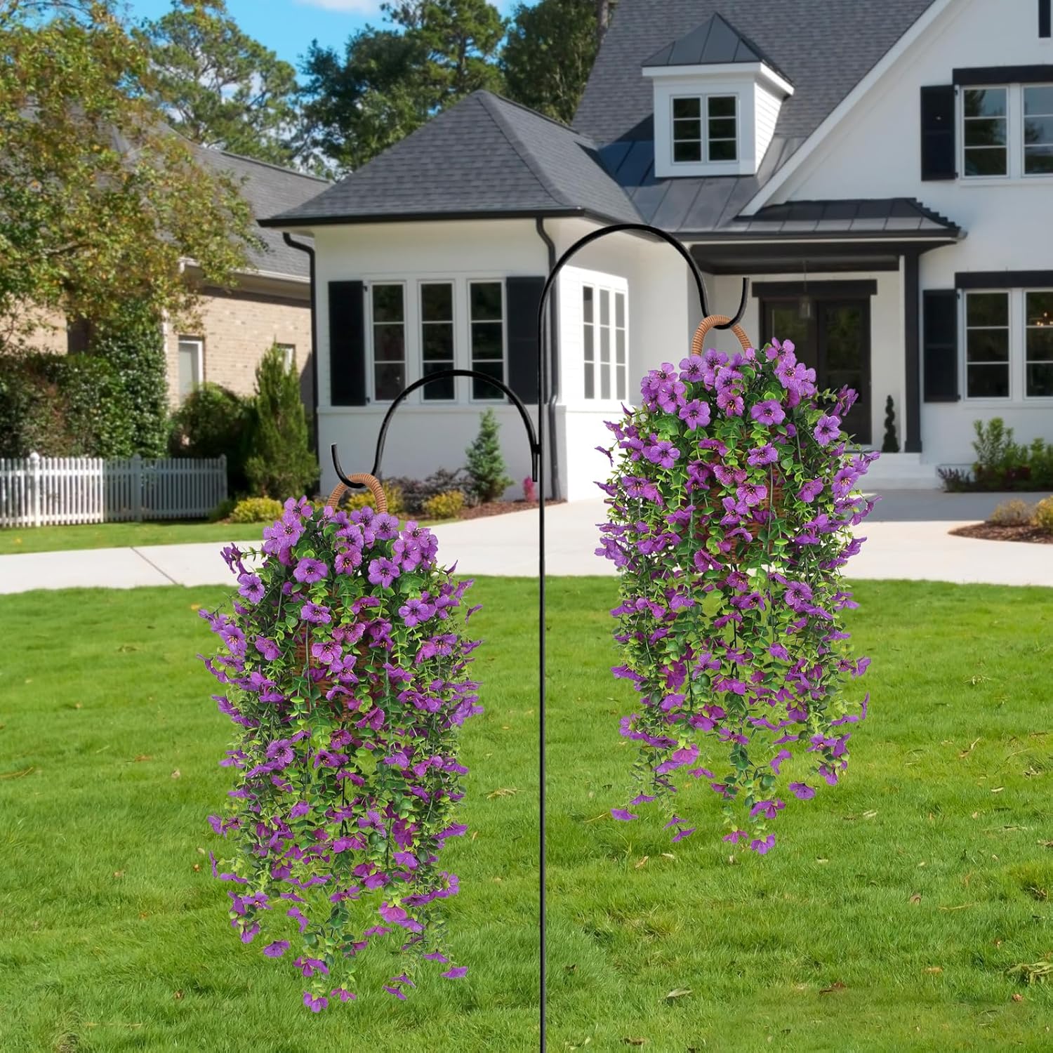 3 PCS Artificial Fake Hanging Flowers Plants with Basket for Spring Outdoor Outside Decoration, UV Resistant Faux Plastic Fabric Flower for Garden Porch Patio Balcony Yard Decor（Purple）