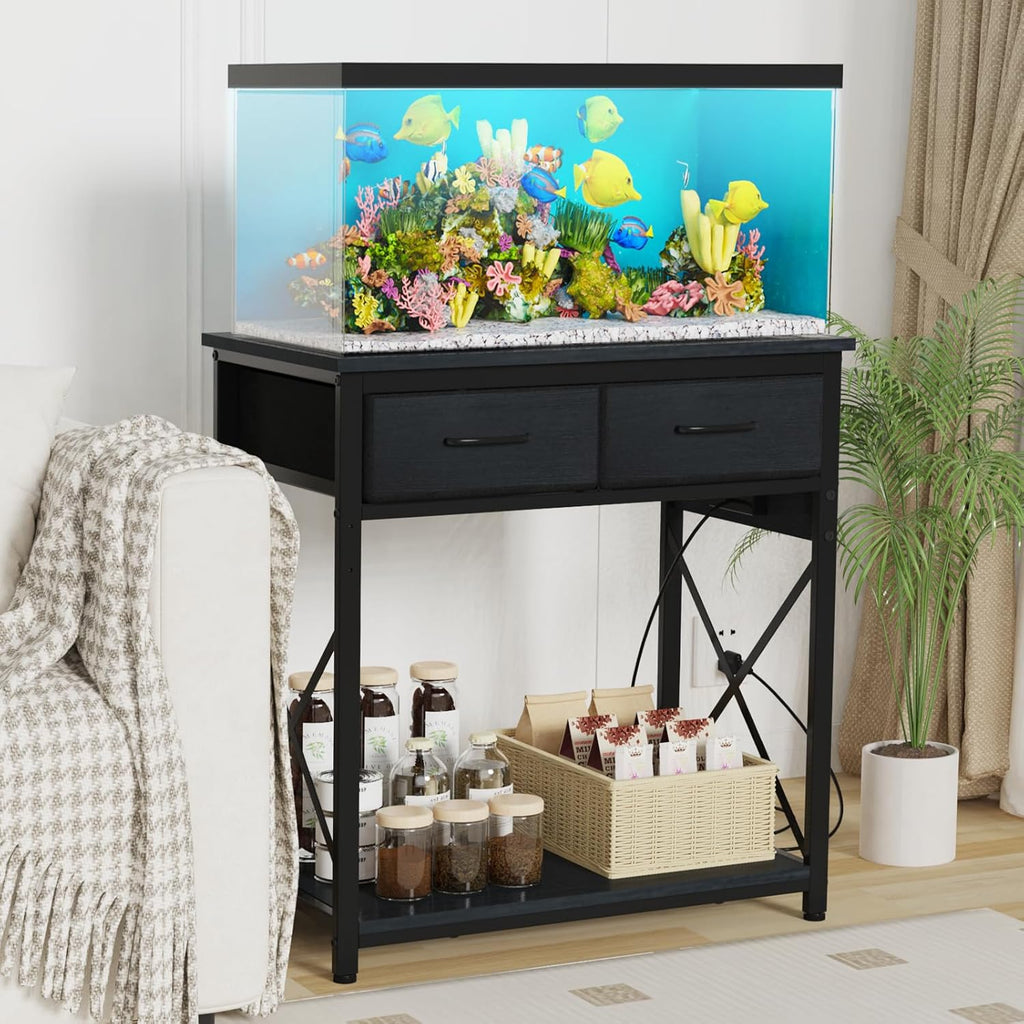 TFK 20-29-37 Gallon Fish Tank Stand with Power Outlet, Heavy Duty Metal Aquarium Stand with Two Storage Drawers for Fish Tank Accessories Storage, Perfect for Turtle Tank, Reptile Terrarium, Black