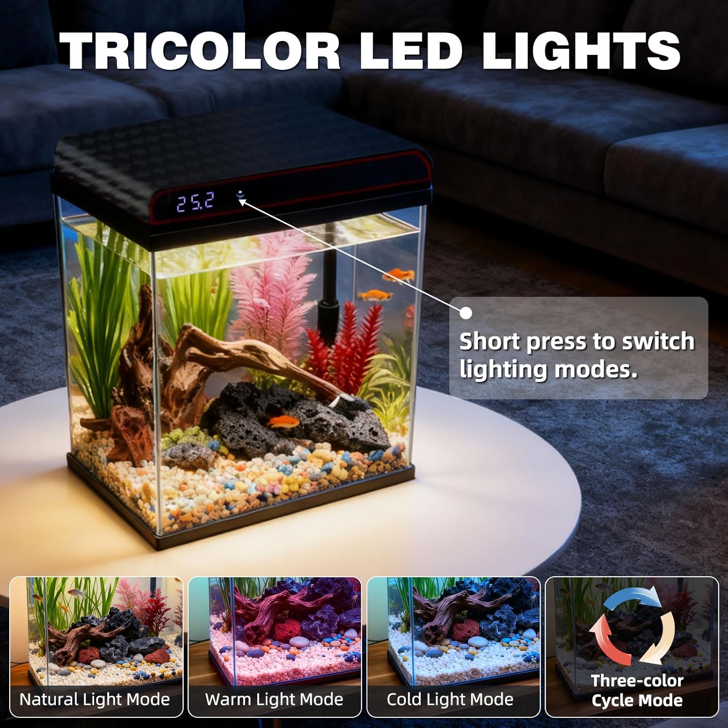 Coospider 5 Gallon Glass Fish Tank, Aquarium Starter Kit - Self-Cleaning, Ultra-Quiet Filter Pump, 3-Color LED Lights, Smart Temp Monitoring for Betta Fish, Shrimp, Kids Gift Idea