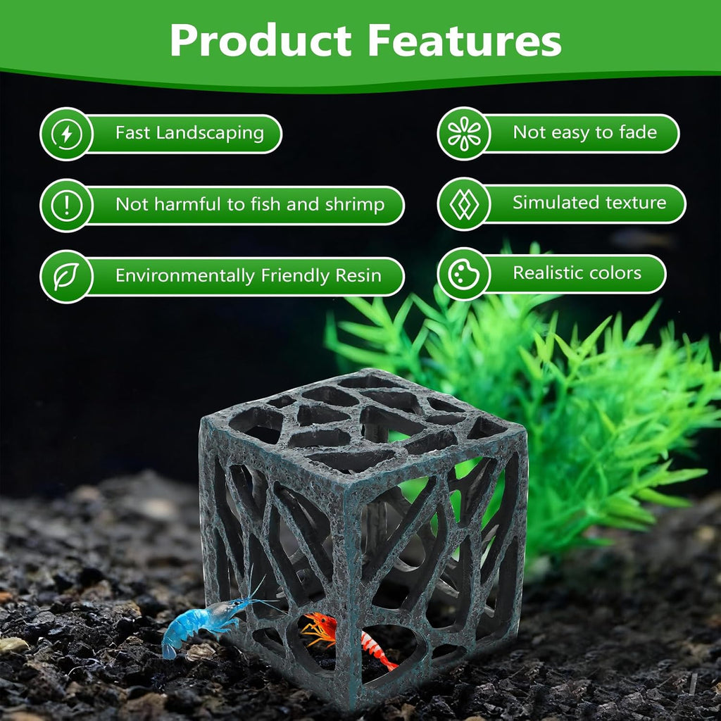 Cube Aquarium Decoration Resin-Modern Hollow Geometric Fish Tank Ornament for Shrimp & Plant Tanks-Approx. 4.1" L x 4.1" W x 4.1" H(Cube)