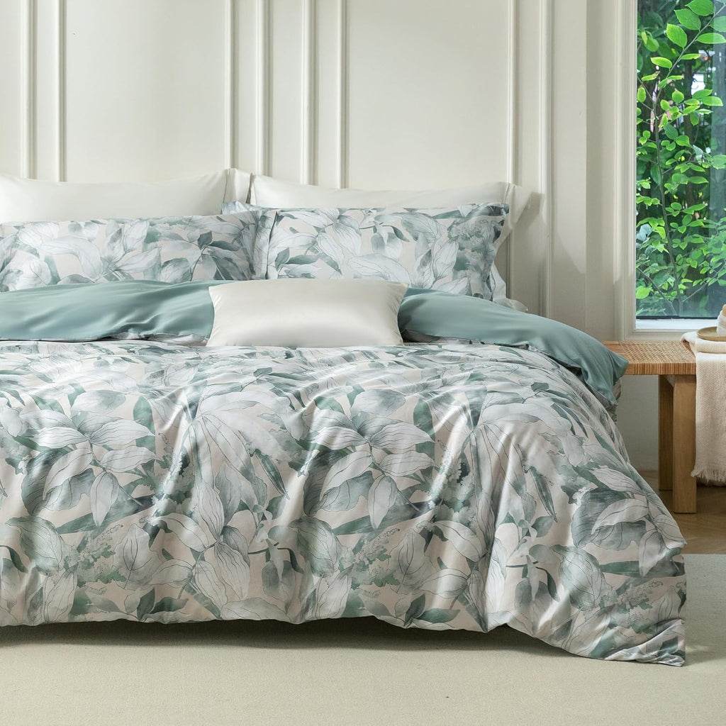 MILDLY Twin Size Duvet Cover Set 100% Long-Staple Cotton Luxury Sage Green Leaves Patten Reversible Comforter Cover Set 2Pcs
