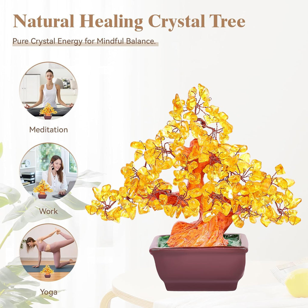 Feng Shui Quartz Crystal Money Tree Bonsai Style Decoration for Luck and Wealth (Yellow)