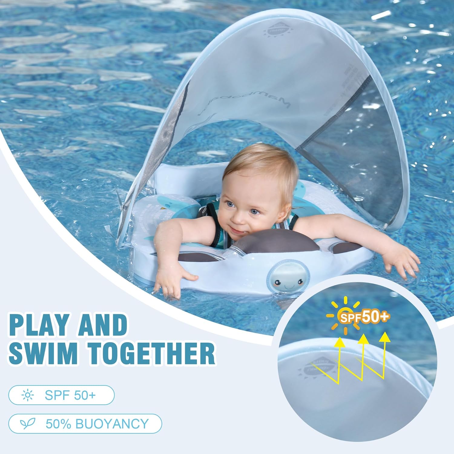 Mambobaby Baby Pool Float with Removable Sun Canopy - Non Inflatable Infant Swim Float with Anti-Flip Tail Design, Waterproof & Skin-Friendly Baby Float for Swimming (3-24 Months)