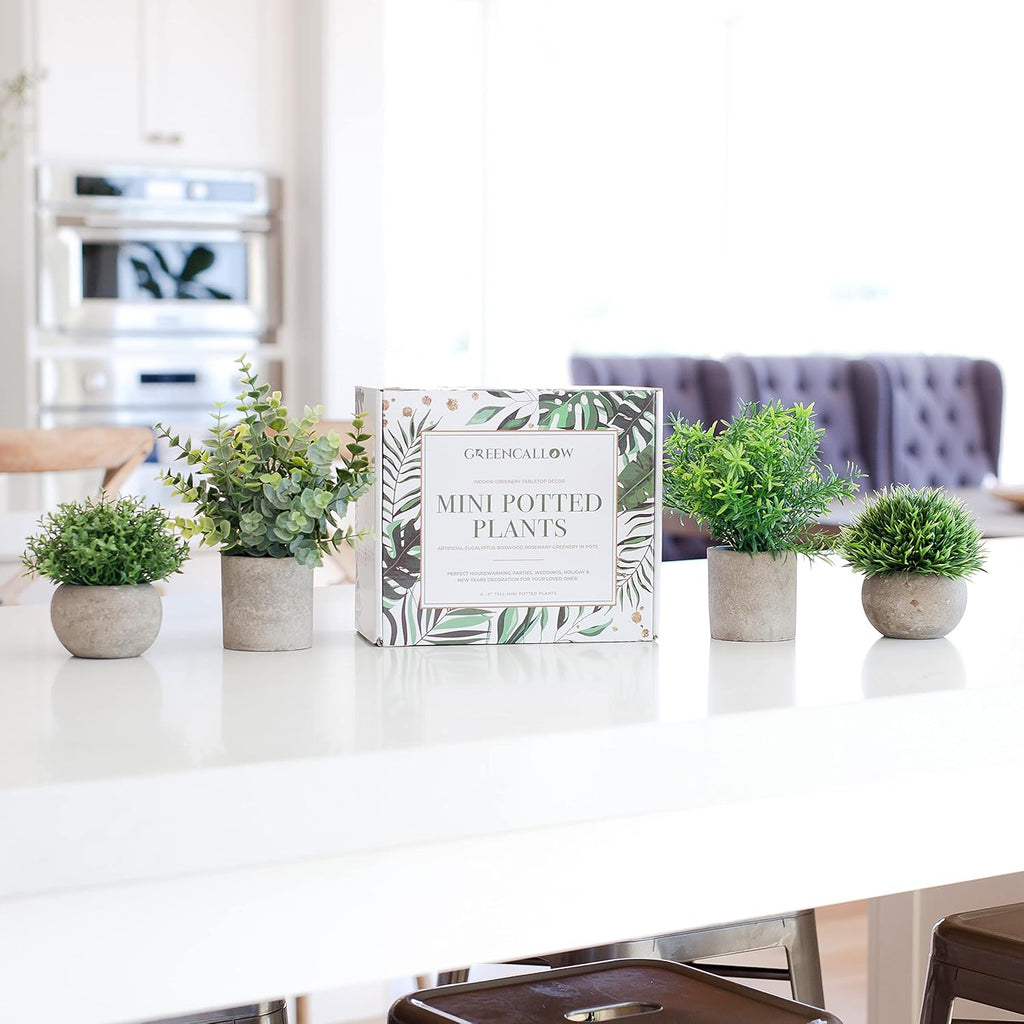 Artificial Plants for Home Decor Indoor. 4 Mini Plants, Rosemary Faux Plant Decor, Eucalyptus Plant, Grass Plants. Small Fake Shelf or Desk Greenery Décor
