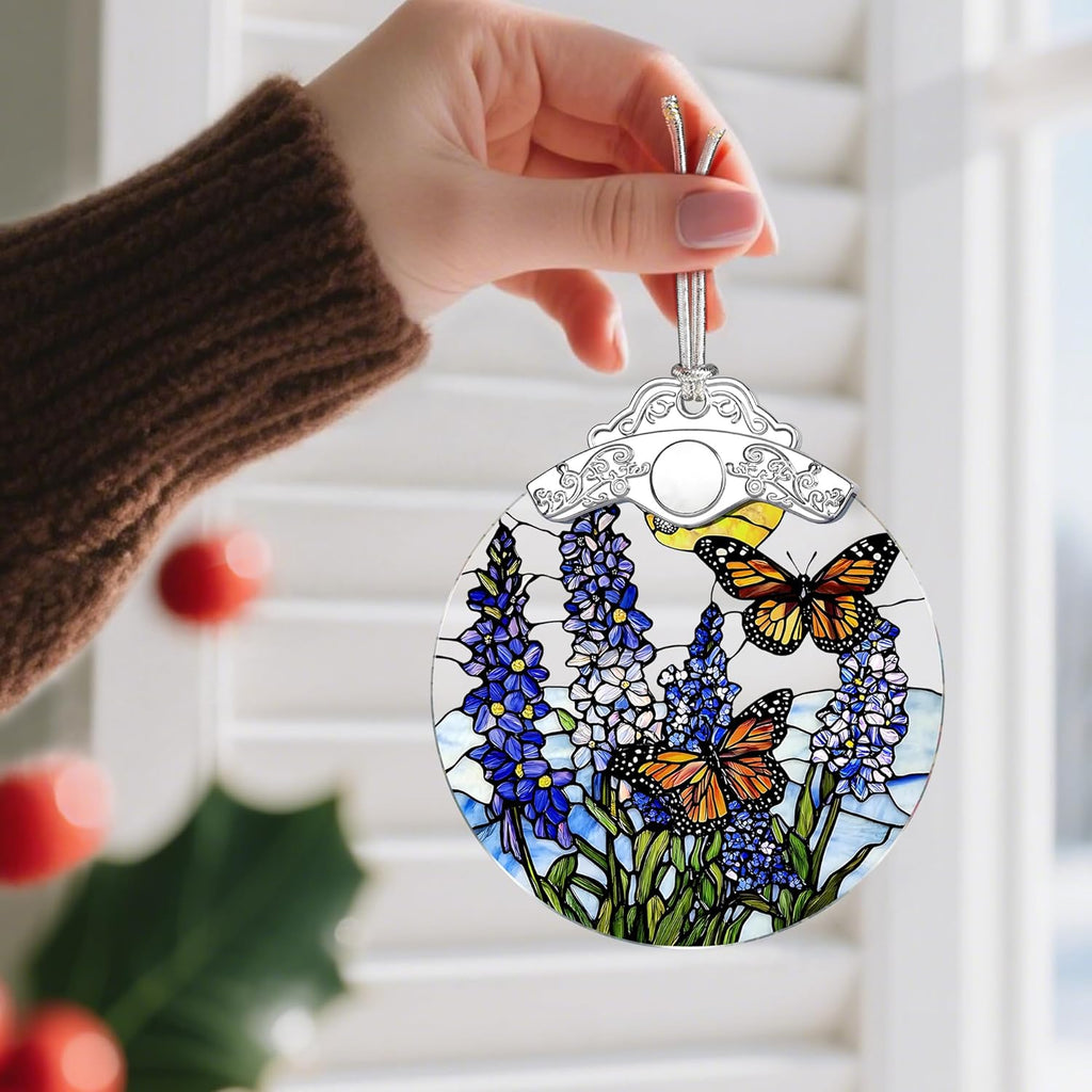 Stained Glass Ornament, Christmas Ornaments, Christmas Decorations for Tree, Holiday Ornament, Gifts for Butterfly Lovers, Holiday Party Gifts, Gift Ideas & Xmas Gift - Lavender with Butterfly