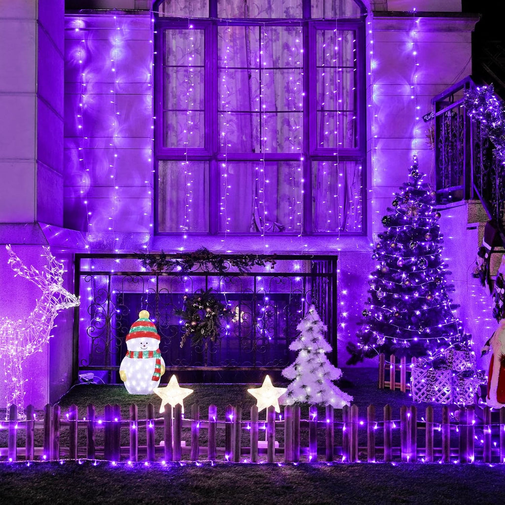 JMEXSUSS 300LED Purple Christmas Lights with Remote, Curtain Hanging Light Plug in, 8 Modes Purple String Lights for Bedroom Window Wall Party Backdrop Halloween Christmas Decorations