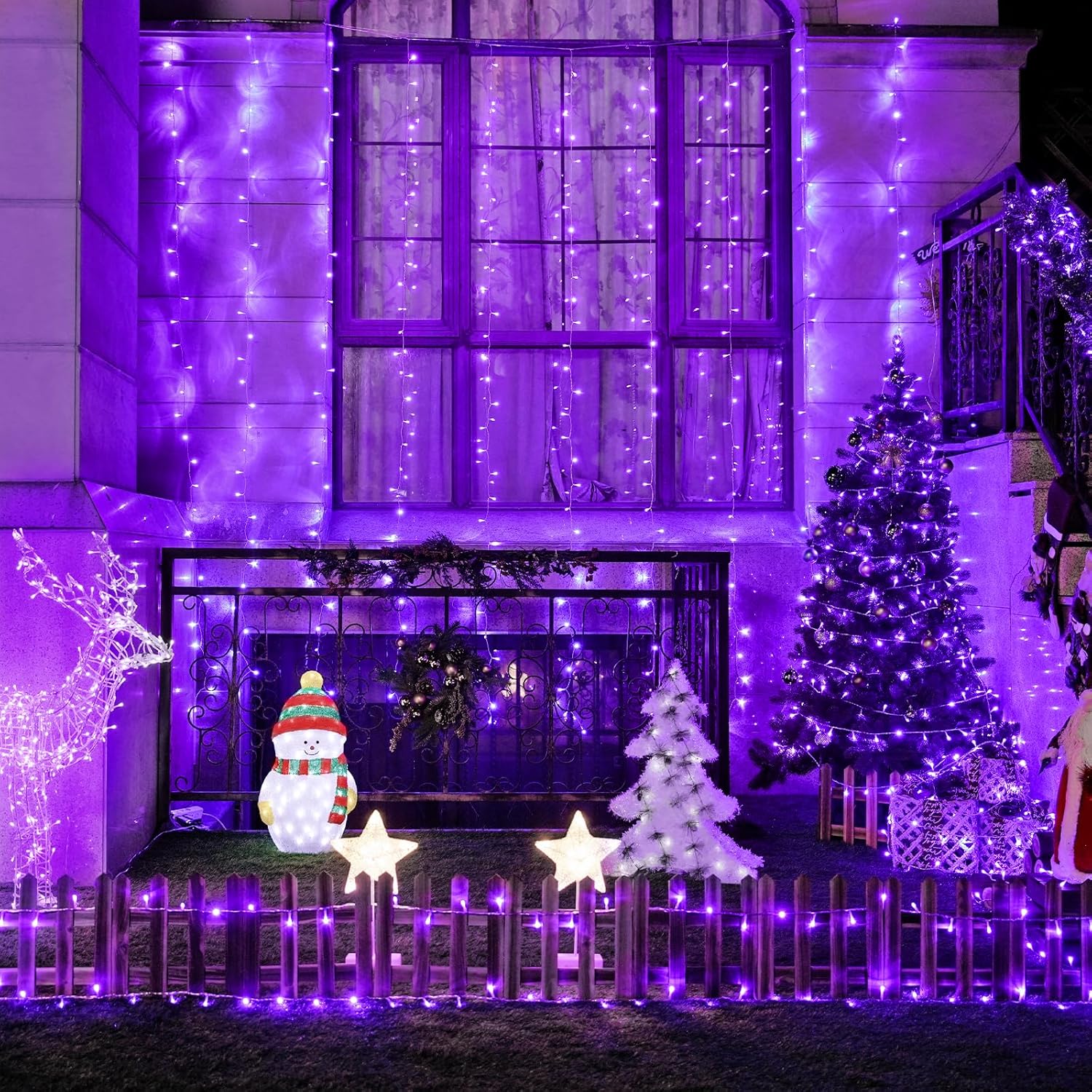 JMEXSUSS 300LED Purple Christmas Lights with Remote, Curtain Hanging Light Plug in, 8 Modes Purple String Lights for Bedroom Window Wall Party Backdrop Halloween Christmas Decorations