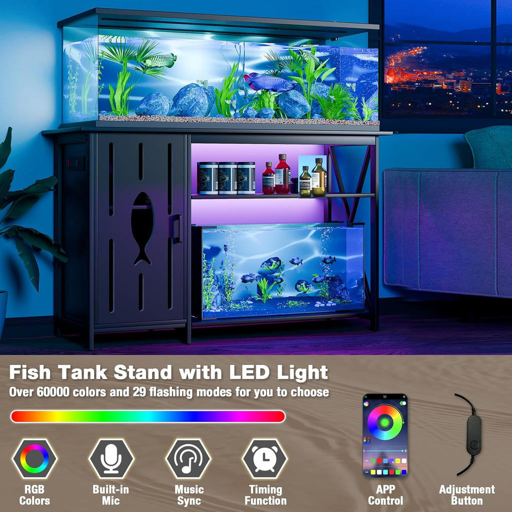 55-75 Gallon Aquarium Stand with Power Outlets,Fish Tank Stand with Cabinet&LED Light,Aquarium Stand for Fish Tank/Turtle Tank/Reptile Terrarium,1100LBS Capacity,Black