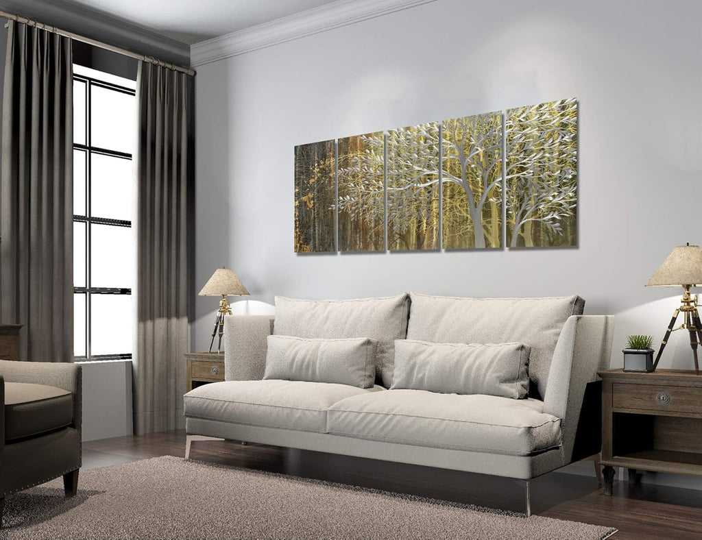 BATRENDY ARTS Large Metallic Tree Wall Art Handcrafted Silver Hanging Designs Multi-panel Indoor and Outdoor Decorative Painting 32Wx64L