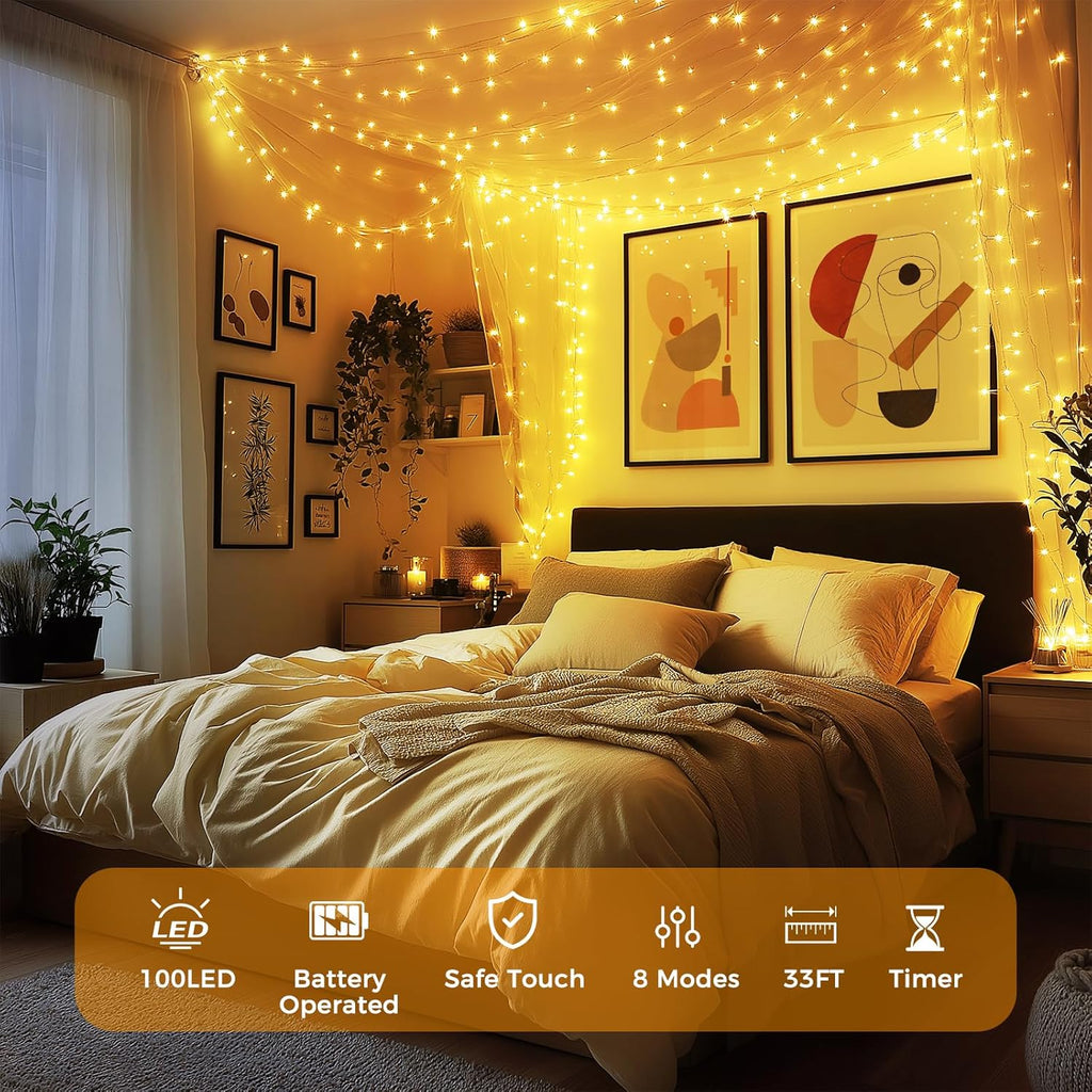 Fairy Lights Battery Operated, 33Ft 100 LED Twinkle Lights with Remote and Timer, 8 Modes Waterproof Lighting for DIY Bedroom Wedding Table Centerpieces Christmas 4 Pack