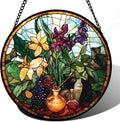 Stained Glass Window Hanging Berry Plant Purple Yellow Flowers in Vase Large 11.8" - Suncatcher Door Garden Sun Catcher Home Decor Birthday Christmas for Mom Men Woman Nana