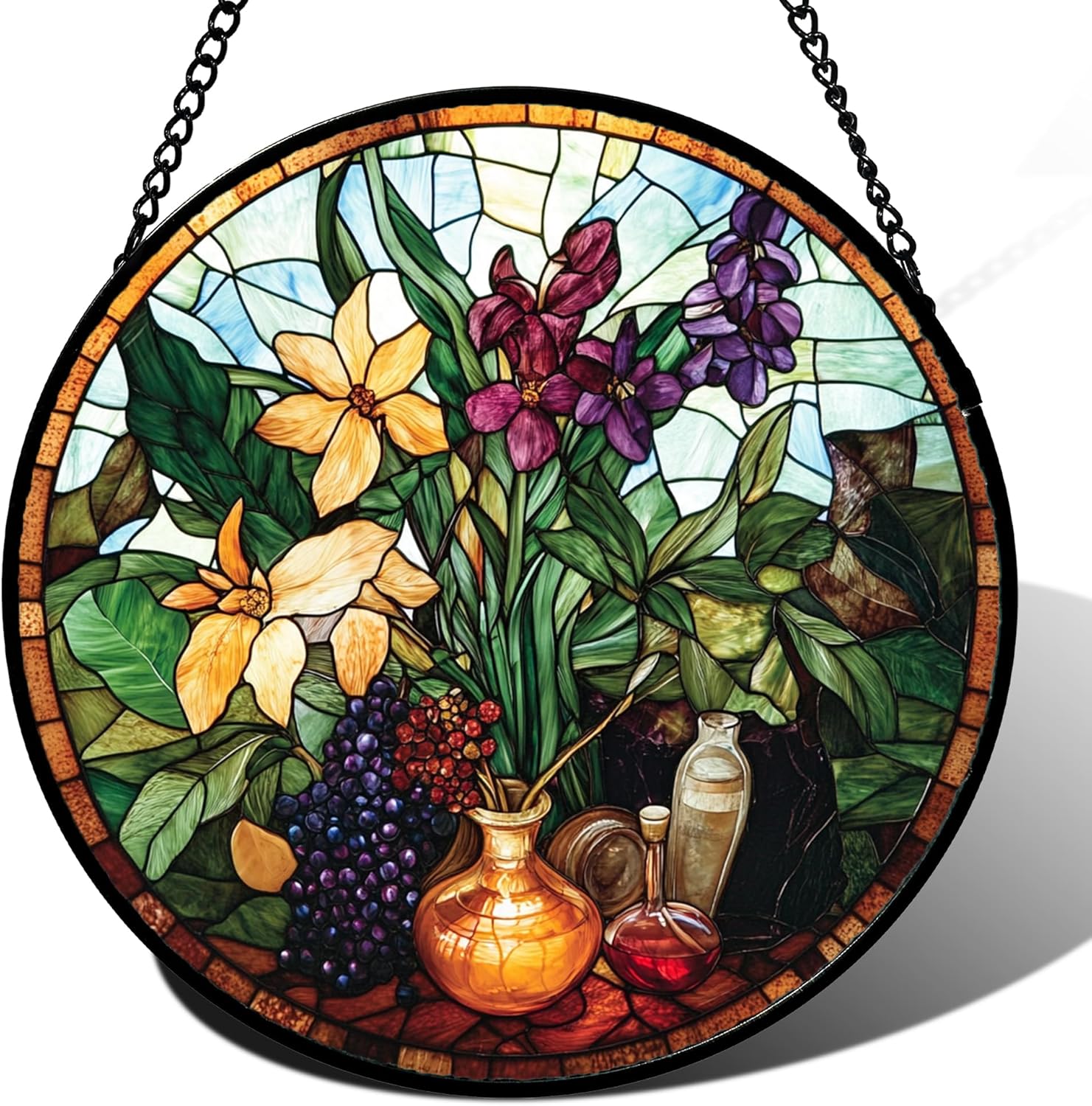 Stained Glass Window Hanging Berry Plant Purple Yellow Flowers in Vase Large 11.8" - Suncatcher Door Garden Sun Catcher Home Decor Birthday Christmas for Mom Men Woman Nana