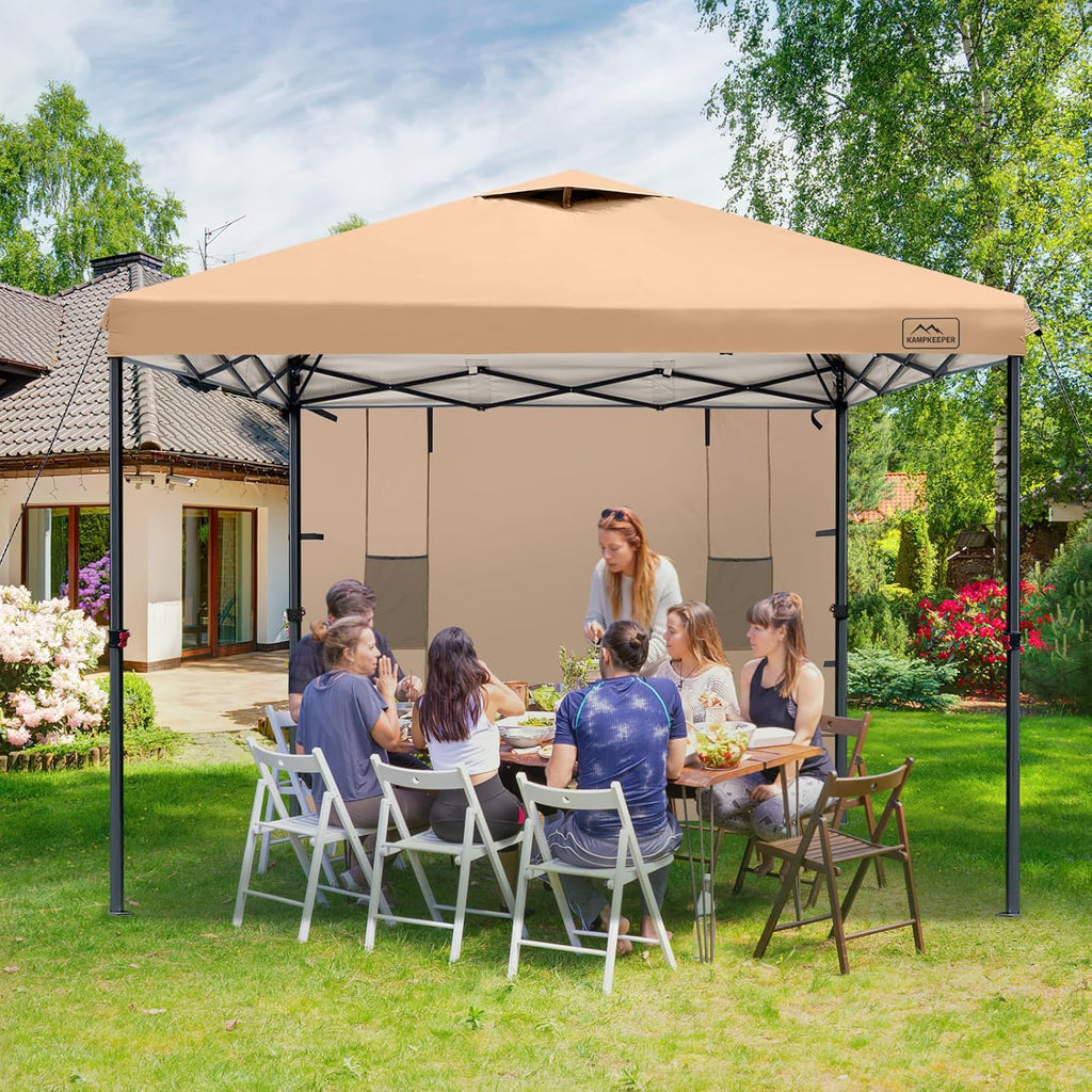 KAMPKEEPER 10x10 Easy Pop Up Canopy Tent with Sidewalls, Instant Outdoor Shade Shelter with Removable 10FT Sun Walls, Quick Setup Waterproof and UV-Resistant for Patio (Khaki, 1 sidewall)