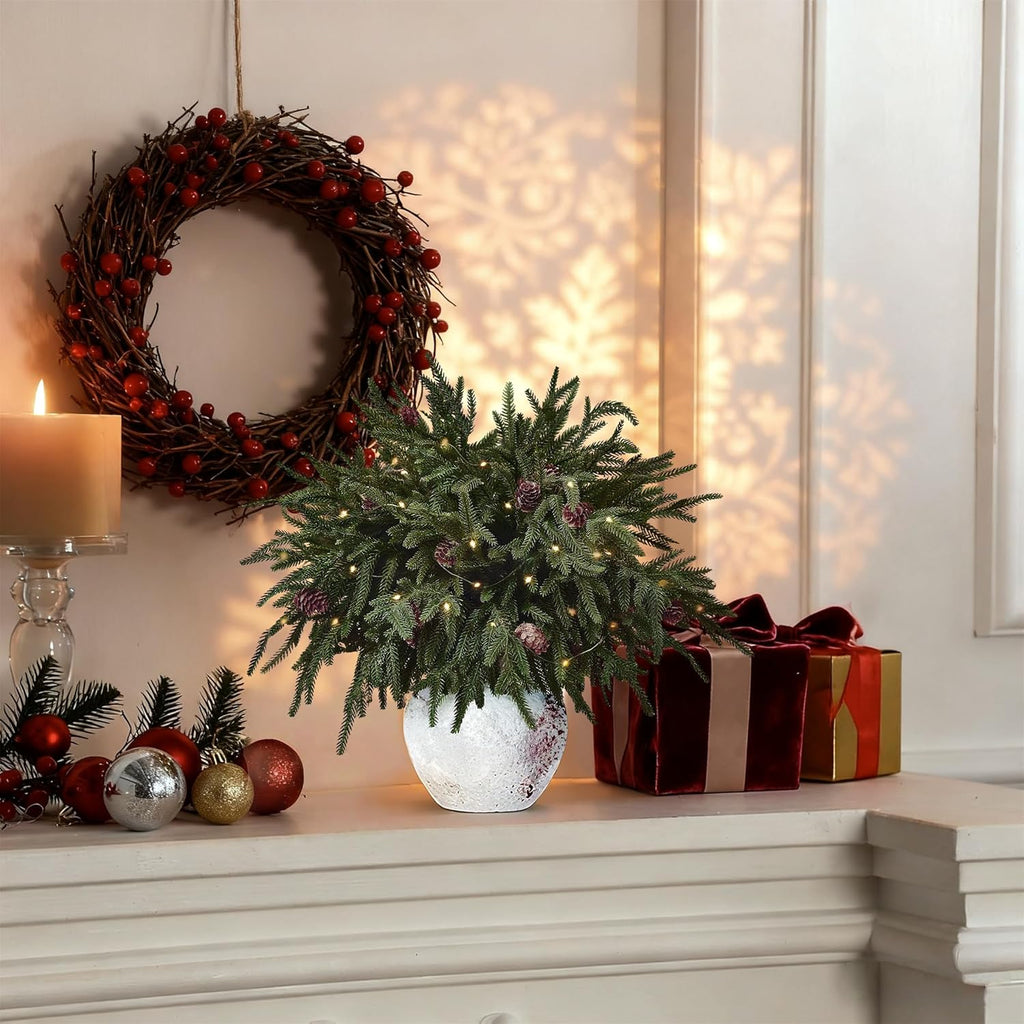 12PCS Christmas Norfolk Pine Branches with Warm Lights ，20" Artificial Christmas Branches Pinecones Norfolk Pine Stems for DIY Crafts Garlands Wreaths Holiday Home Centerpiece Xmas Decor