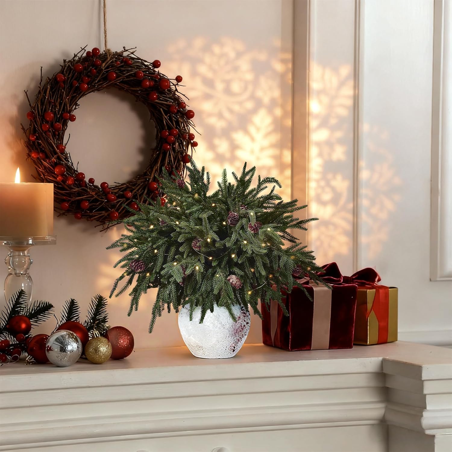 12PCS Christmas Norfolk Pine Branches with Warm Lights ，20" Artificial Christmas Branches Pinecones Norfolk Pine Stems for DIY Crafts Garlands Wreaths Holiday Home Centerpiece Xmas Decor