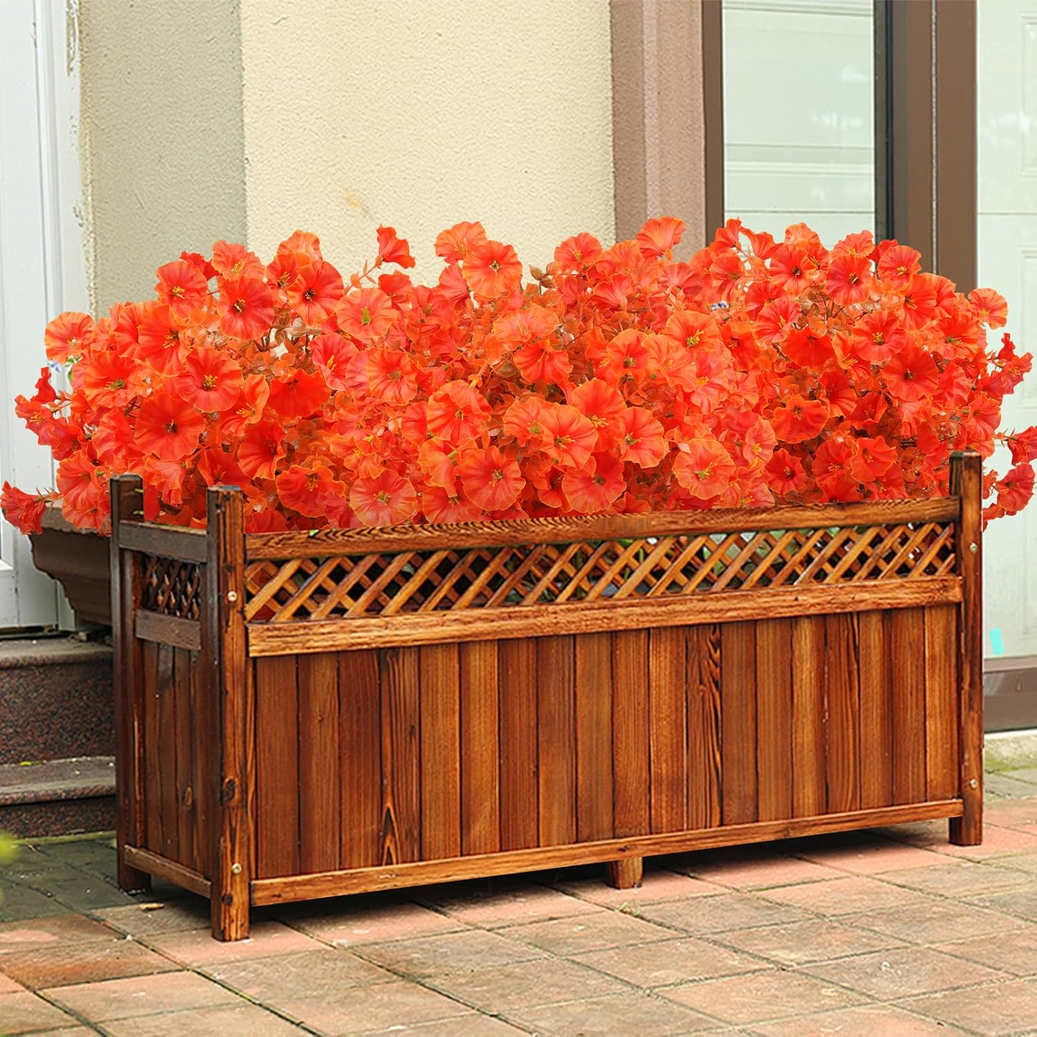 2 Bundles Artificial Eucalyptus Morning Glories with Ground Spikes,21.65 Inch Artificial Fall Flowers Faux Mums, UV Resistant Faux Shrubs Fake Mums for Outdoor Garden Fall Decor(Orange)