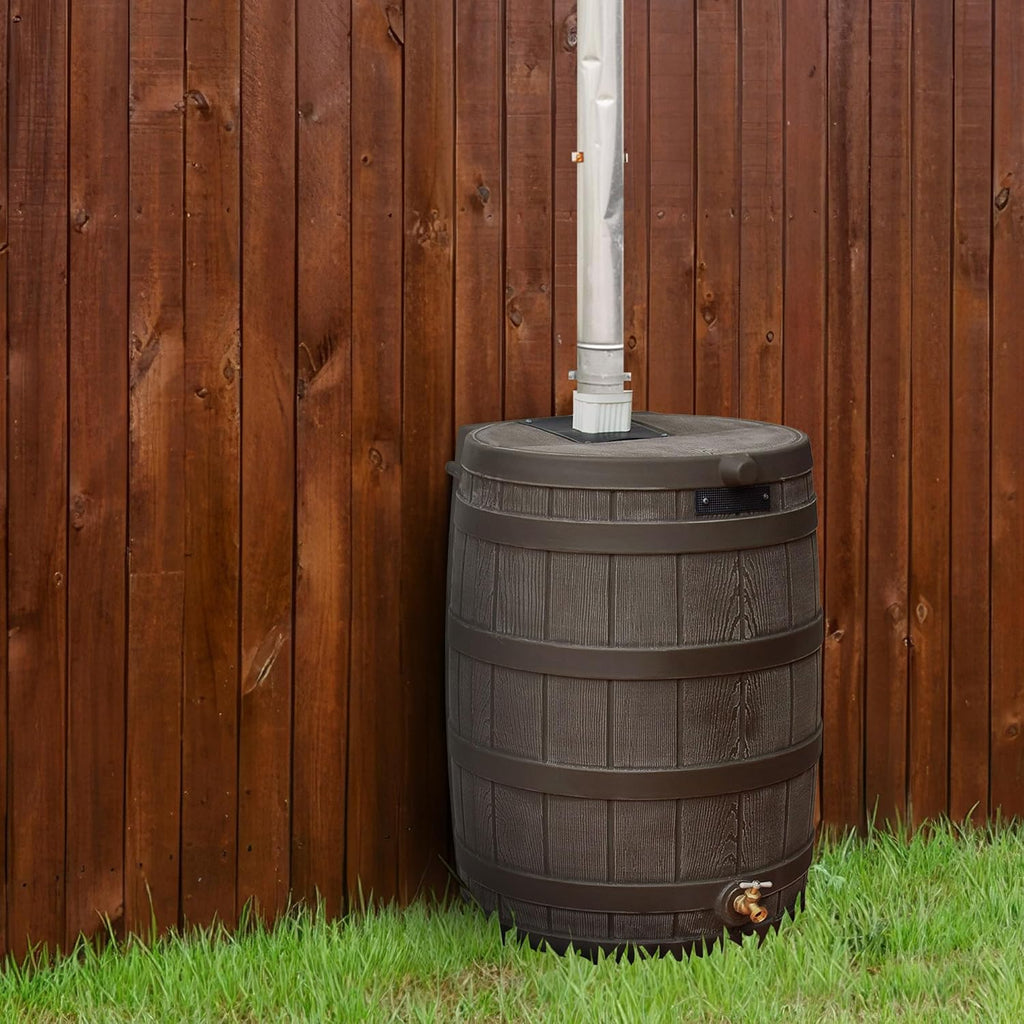 Good Ideas 50 Gallon Large Faux Wood Plastic Rain Water Barrel Collector with Brass Spigot for Rainwater Collection and Storage, Oak, 2 Pack