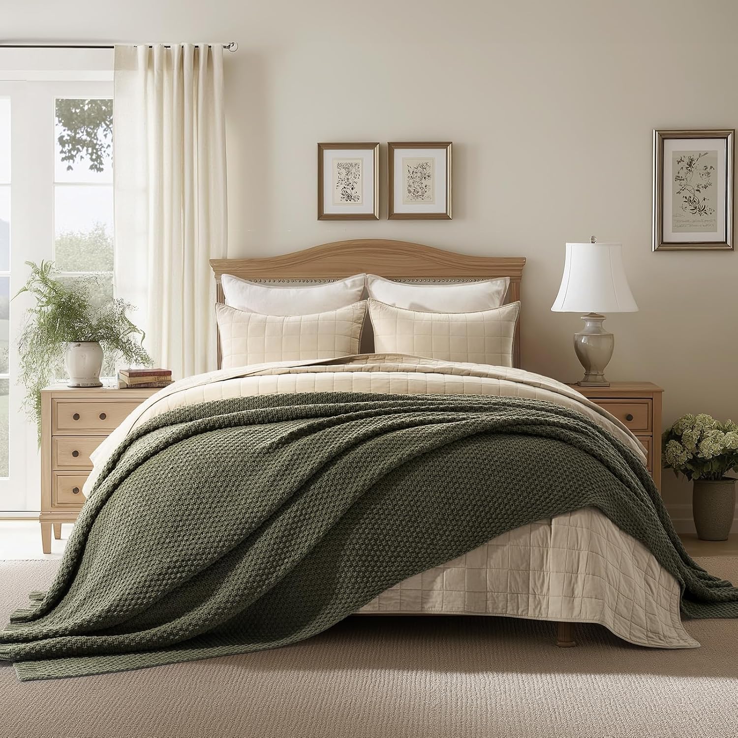 EVERGRACEHOME Chunky Chenille Knit Throw Blanket for Couch, Soft Luxurious Oversized Queen Moss Stitch Blanket for Bed, Large Cozy Farmhouse Knitted Throw for Sofa, Olive Green, 90" x 90"
