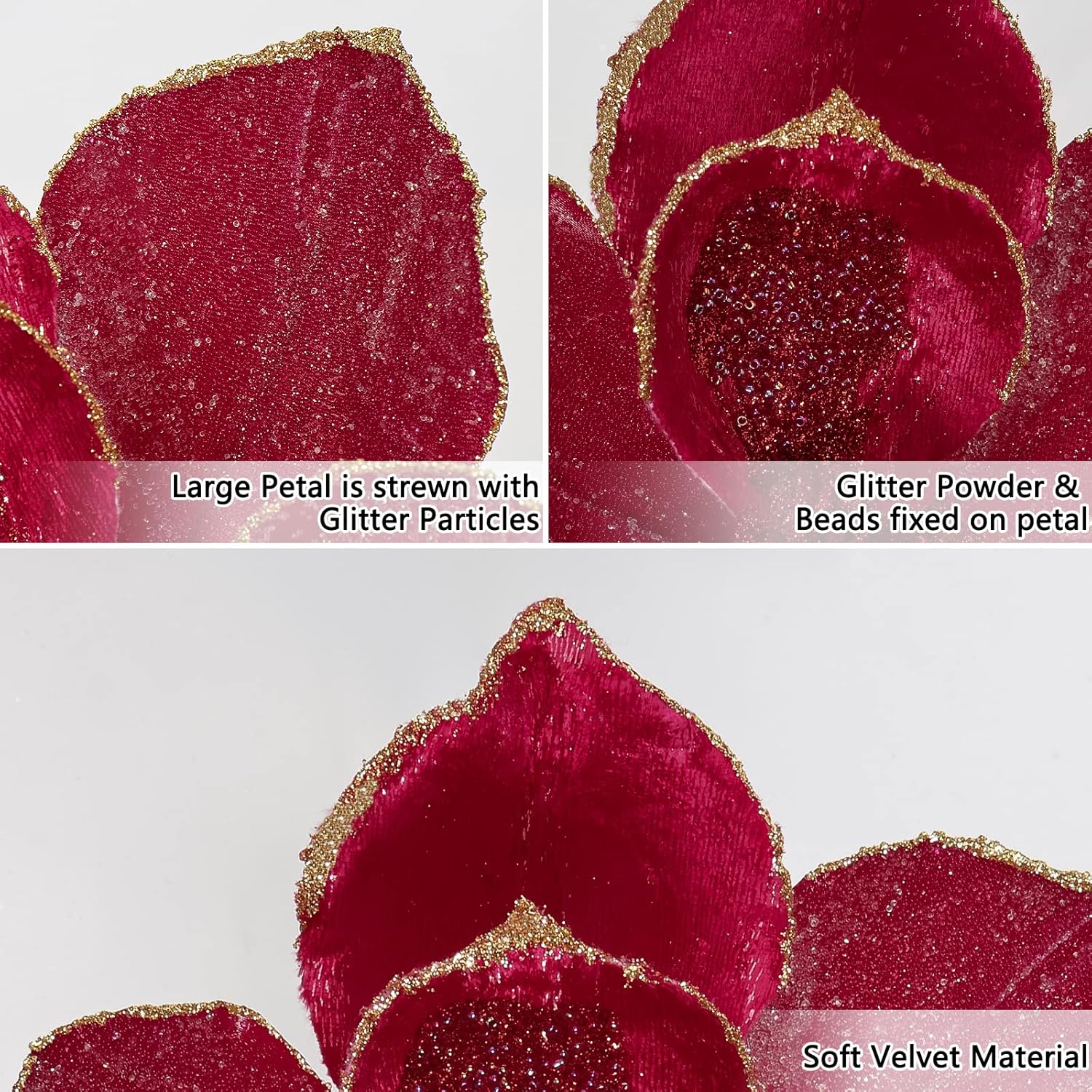 Briful 10’’ Large Heads Christmas Glitter Magnolia Flowers Christmas Tree Ornaments Set of 3 Giant Artificial Flowers with Long Stems for Xmas Tree Holiday Decorations, Red
