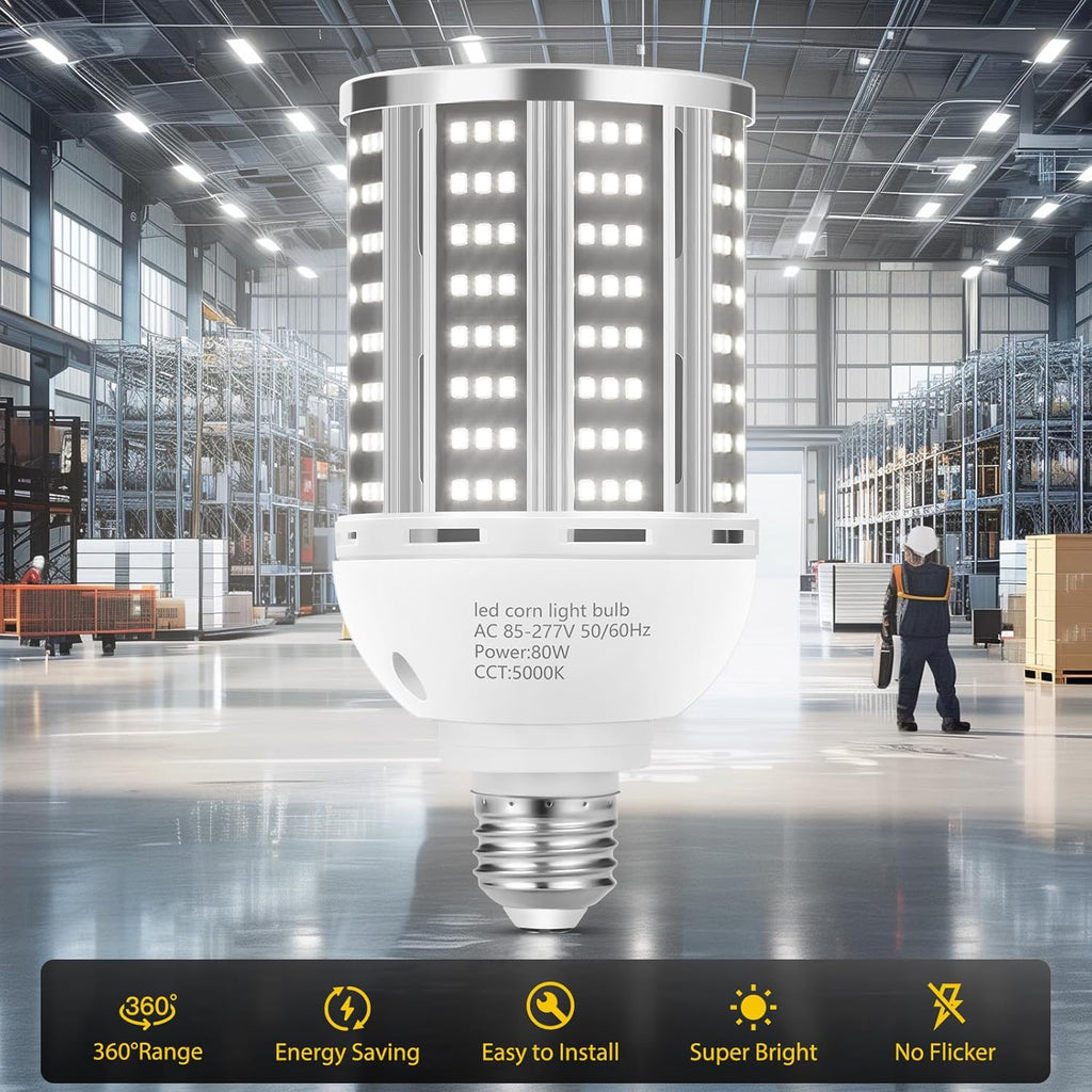80W LED Corn Light Bulb(800W Equivalent ) 6 pack,Commercial Grade DayLight 5000K E26/E39 10500LM Medium Mogul Base LED Lamp,Large Area Lights For Outdoor Indoor Garage Warehouse Factory Bay Light