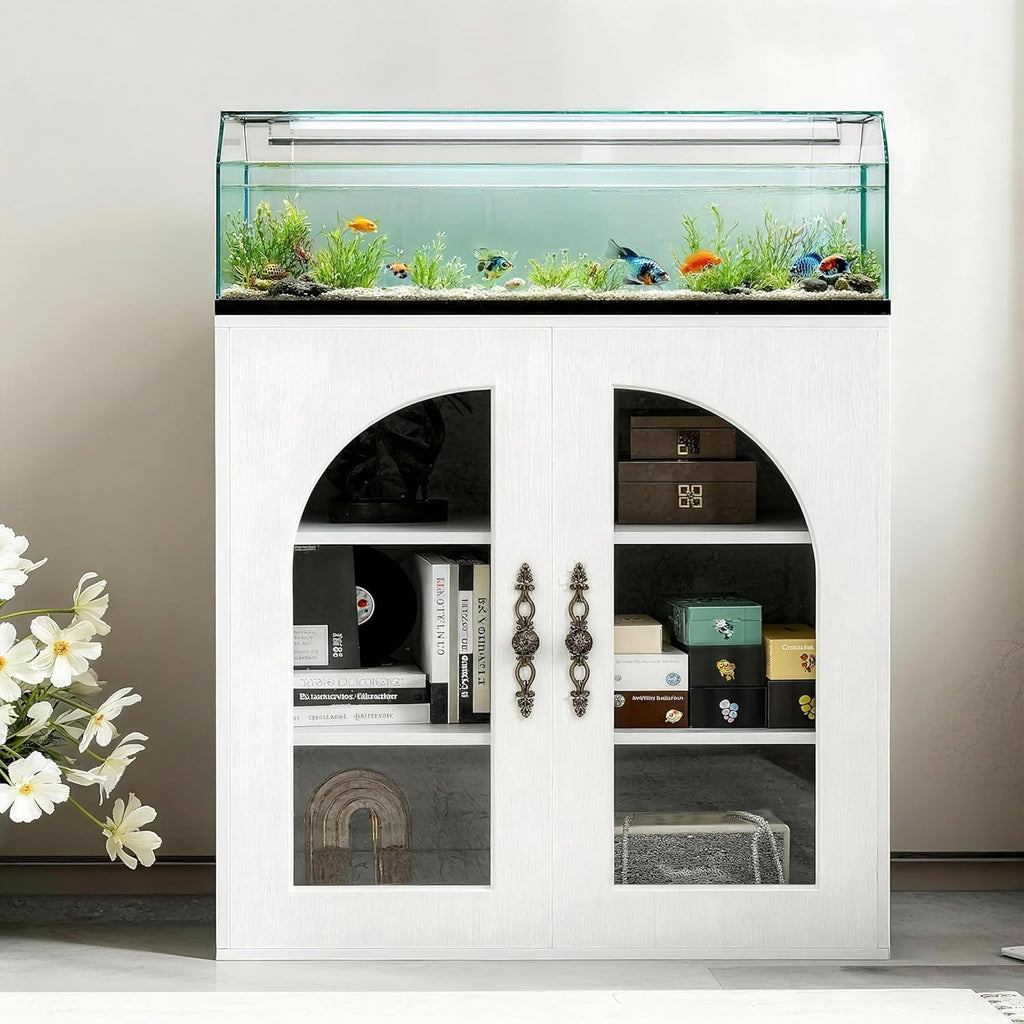 20-29 Gallon Fish Tank Stand with Adjustable Shelves, Glass Door Aquarium Stand with Storage Cabinet, 31x15 Reptile Terrarium Stand with Bronzed Metal Handles, Level Footings, 350 Lbs
