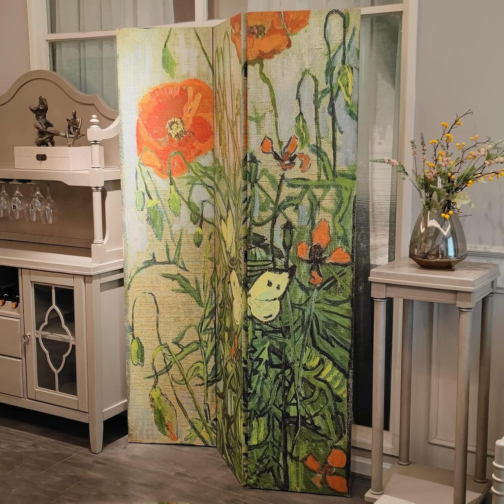Room Divider Wood Privacy Screens Van Gogh's Butterflies and Poppies Painting Canvas 3-Panel Foldable Portable Separating Divider Room Partitions Freestanding Home Decor 71'' High