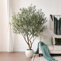 Olive Trees Artificial Indoor, 8FT Tall Faux Olive Tree with Round White Planter, UV Resistant Outdoor Large Fake Olive Plants for Modern Home Decor Living Room Office