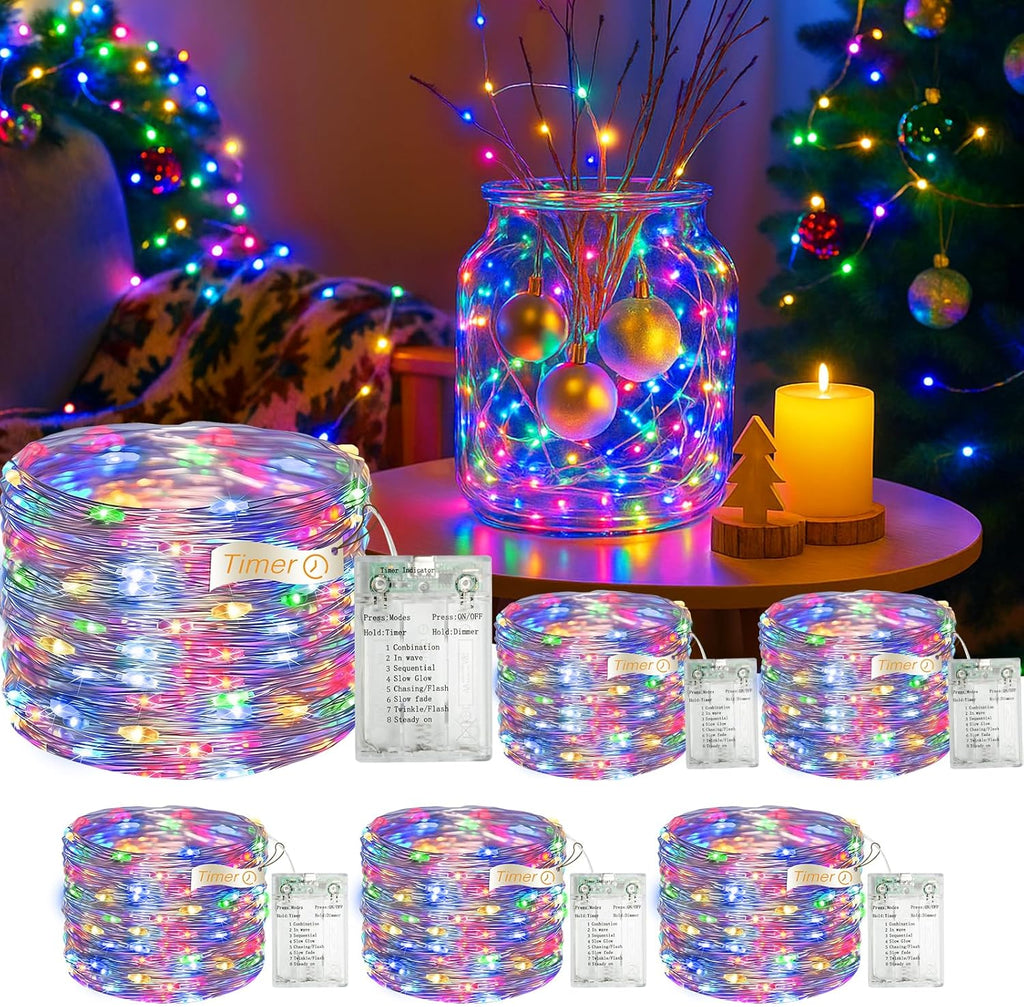 6 Pack 16FT 50 LED Fairy Lights Battery Operated with Timer, 8 Modes USB Mini Twinkle Light, Small String Lights for Christmas Tree Wreath Vase Bedroom DIY Wedding Decorations-Multi-Colored