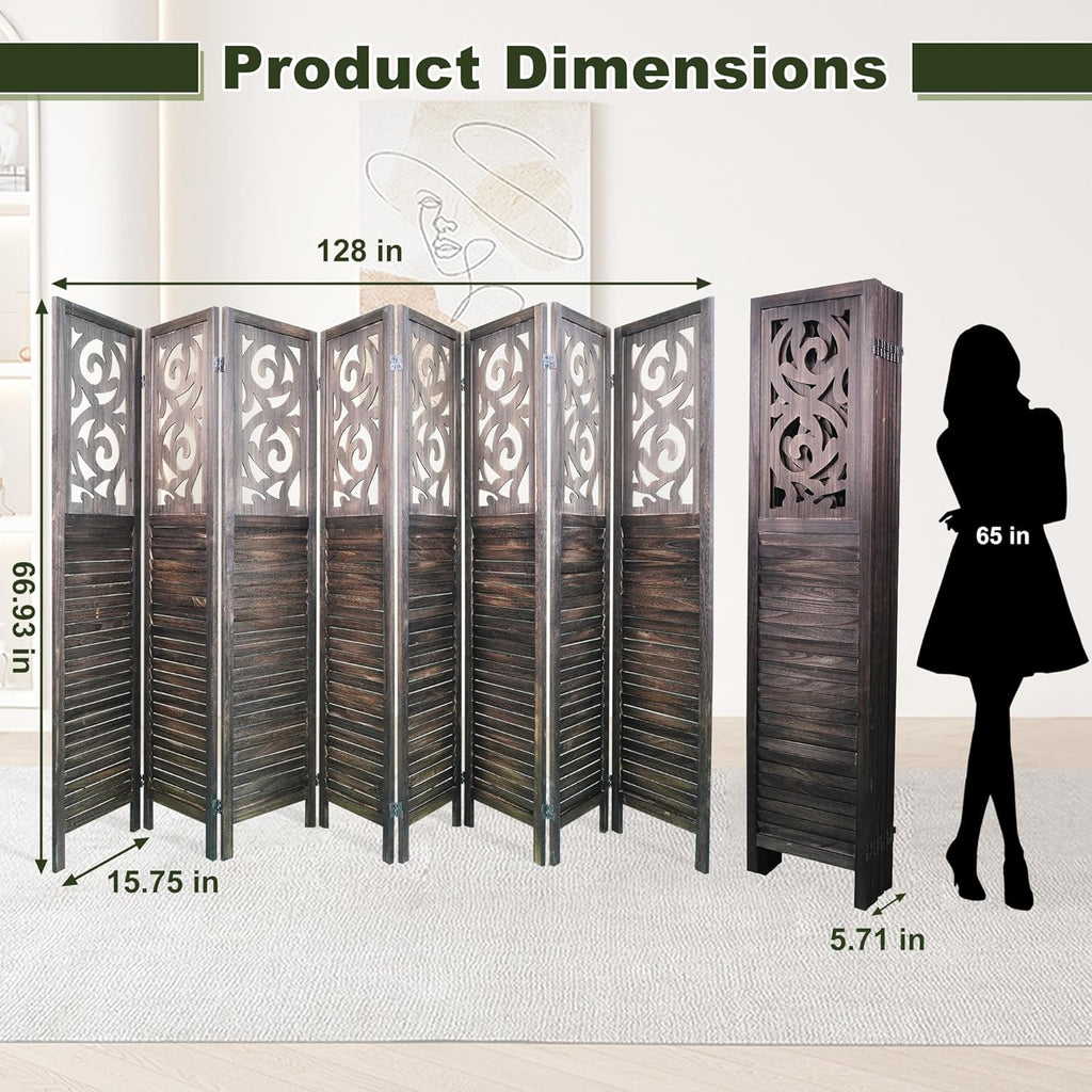 NicBex 8 Panel Room Divider,5.6FT Wood Carved Room Dividers,Folding Privacy Screens Portable Freestanding Partition Wall Dividers for Room Separation,Home Bedroom Office,Rustic Brown