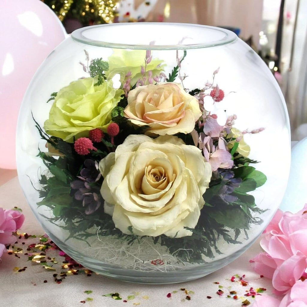 Fiora Flower | Preserved Roses & Floral Arrangement in Sealed Glass Vase | Lasts up to 5 Years | Elegant Gift for Weddings, Birthdays, and Anniversaries (Pastel)