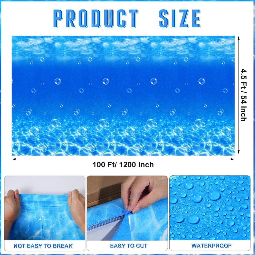 4.5x100 Ft Under The Ocean Tablecloth Decorations,Roll of Plastic Ocean Wall Backdrop Classroom Decor Blue Water Bubbles Background Photography for Kids Summer Pool Mermaid Birthday Party Supplies