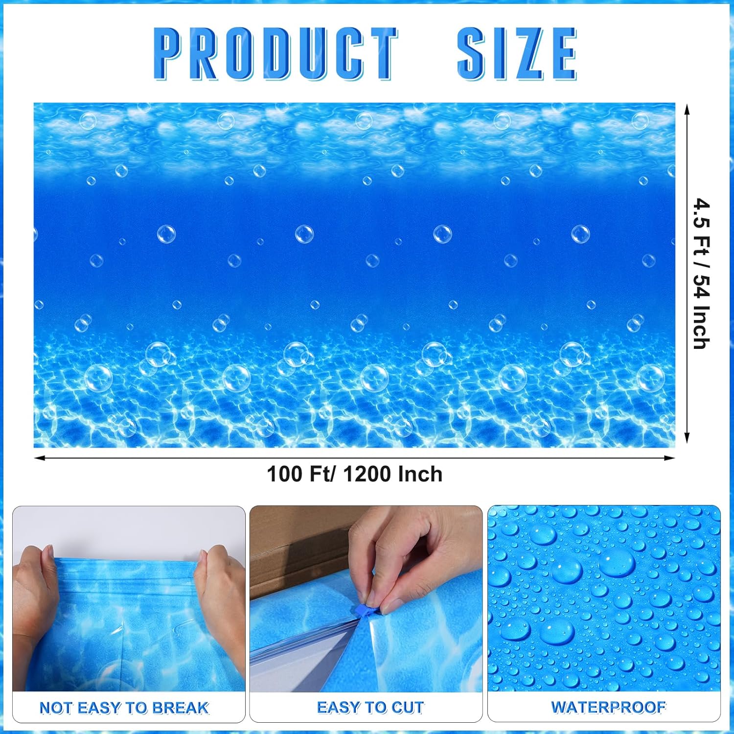 4.5x100 Ft Under The Ocean Tablecloth Decorations,Roll of Plastic Ocean Wall Backdrop Classroom Decor Blue Water Bubbles Background Photography for Kids Summer Pool Mermaid Birthday Party Supplies