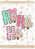 FDHSPAAM Hohoho Christmas Tree Wall Art Decor, Girly Coquette Christmas Decor, Colorful Coquette Bow Glitter Xmas Tree Winter Wall Art Posters for Girls Bedroom Dorm Apartment, 12x16 Inch