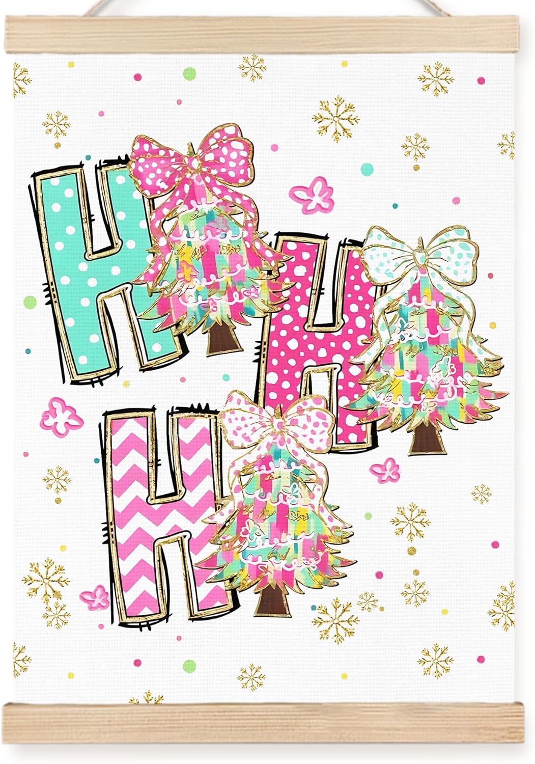 FDHSPAAM Hohoho Christmas Tree Wall Art Decor, Girly Coquette Christmas Decor, Colorful Coquette Bow Glitter Xmas Tree Winter Wall Art Posters for Girls Bedroom Dorm Apartment, 12x16 Inch