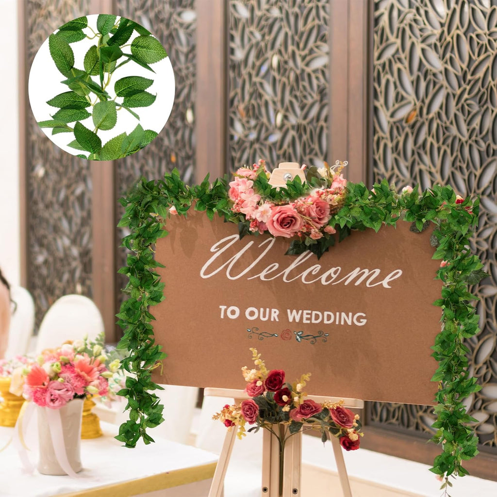 Giegxin 3 Pcs 6ft Green Artificial Silk Rose Leaf Table Garland, Hanging Greenery Vine Fake Greenery Hanging Plants Leaf Garland Decoration for Home Bedroom Wall Party Wedding Decor